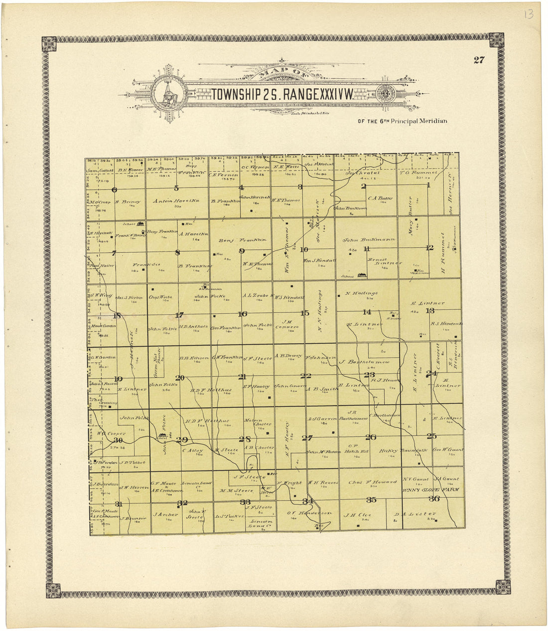 Map of Township 2 S. Range XXXIV W. from Standard Atlas of Rawlins County, Kansas : Including a Plat Book of the Villages, Cities and Townships of the County, Map of the State, United States and World, Patrons Directory, Reference Business … 1906 by Relic Map Company