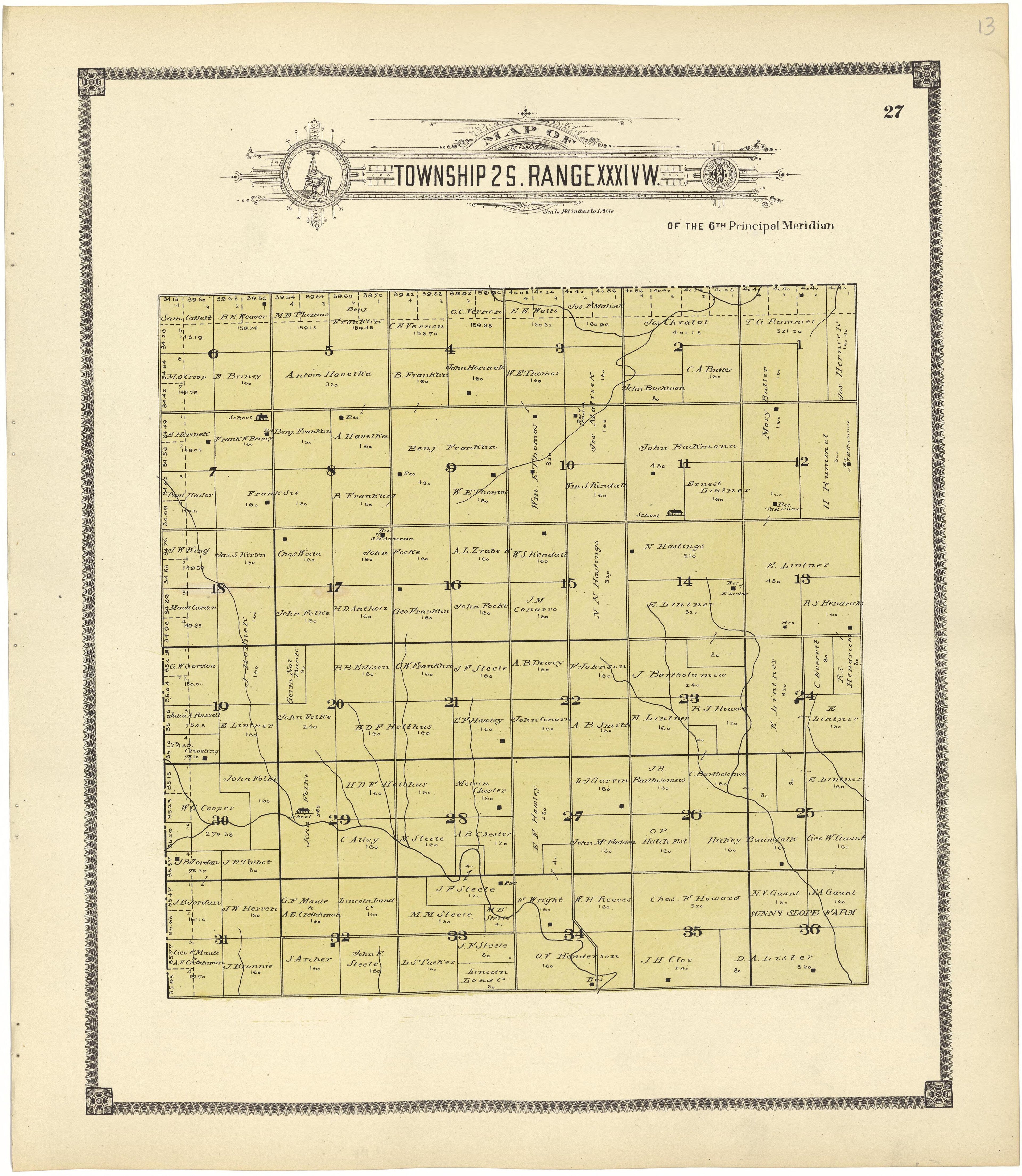 Map of Township 2 S. Range XXXIV W. from Standard Atlas of Rawlins County, Kansas : Including a Plat Book of the Villages, Cities and Townships of the County, Map of the State, United States and World, Patrons Directory, Reference Business … 1906 by Relic Map Company