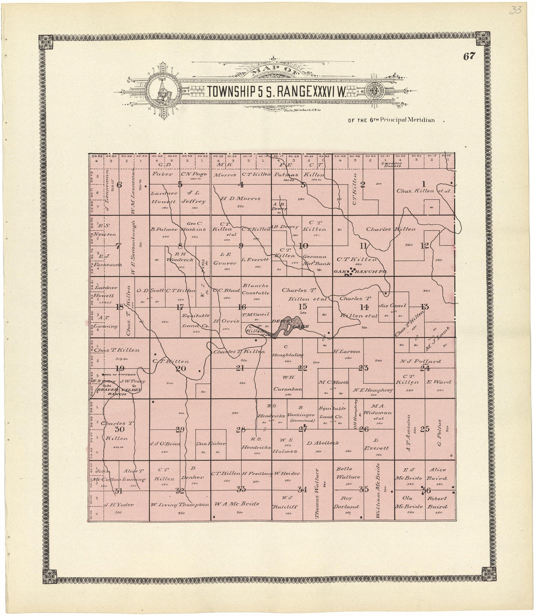 Map of Township 5 S. Range XXXVI W. from Standard Atlas of Rawlins County, Kansas : Including a Plat Book of the Villages, Cities and Townships of the County, Map of the State, United States and World, Patrons Directory, Reference Business … 1906 by Relic Map Company