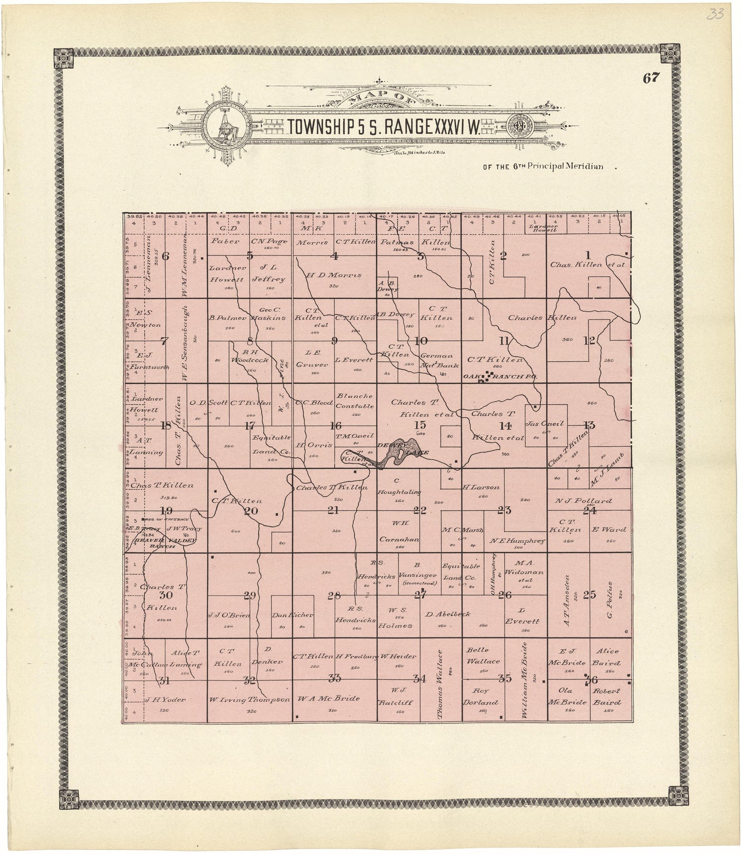 Map of Township 5 S. Range XXXVI W. from Standard Atlas of Rawlins County, Kansas : Including a Plat Book of the Villages, Cities and Townships of the County, Map of the State, United States and World, Patrons Directory, Reference Business … 1906 by Relic Map Company