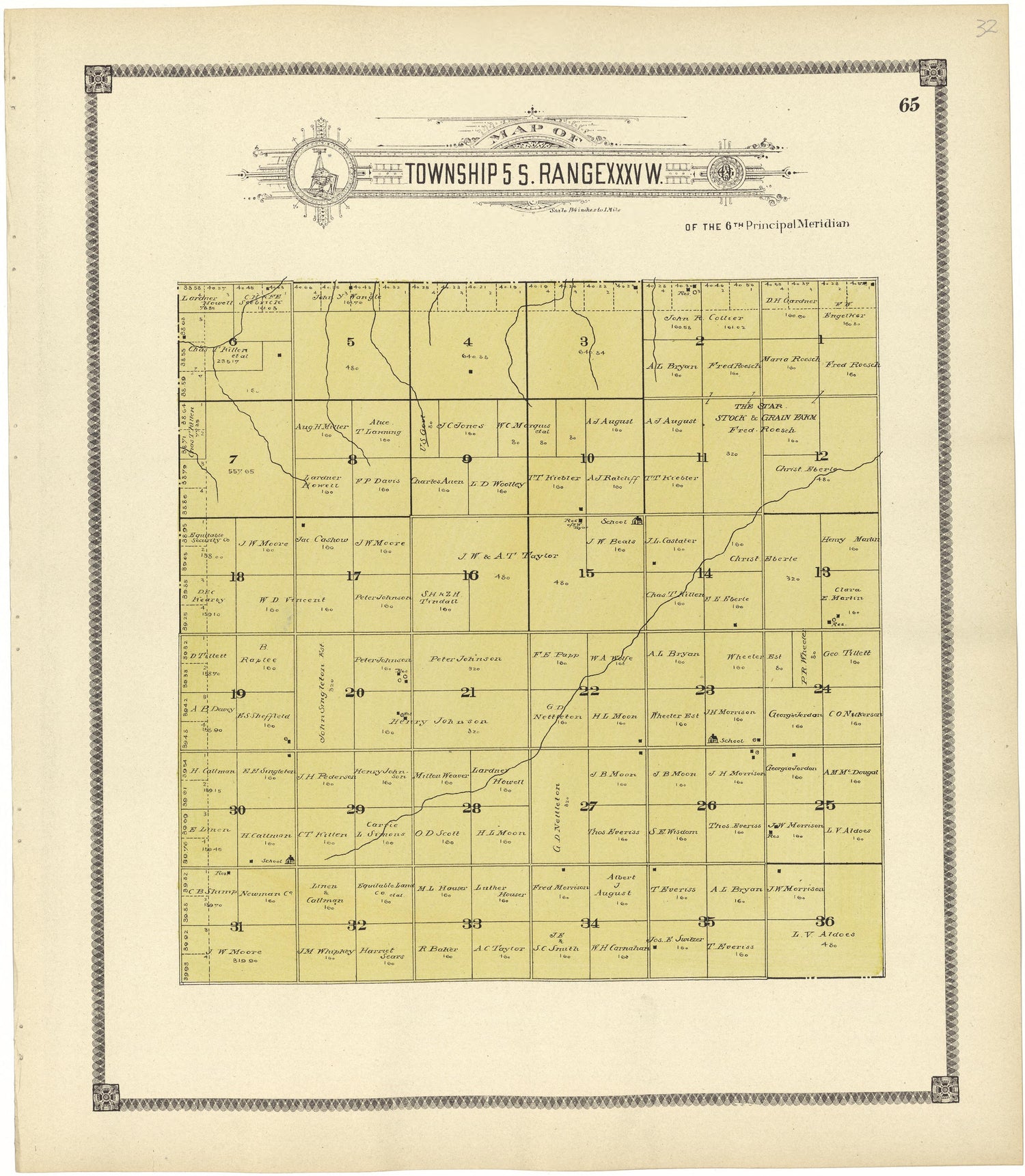 Map of Township 5 S. Range XXXV W. from Standard Atlas of Rawlins County, Kansas : Including a Plat Book of the Villages, Cities and Townships of the County, Map of the State, United States and World, Patrons Directory, Reference Business … 1906 by Relic Map Company