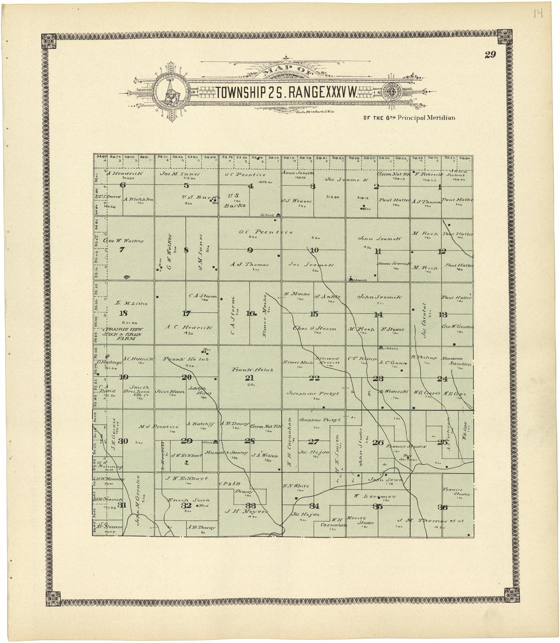 Map of Township 2 S. Range XXXV W. from Standard Atlas of Rawlins County, Kansas : Including a Plat Book of the Villages, Cities and Townships of the County, Map of the State, United States and World, Patrons Directory, Reference Business … 1906 by Relic Map Company