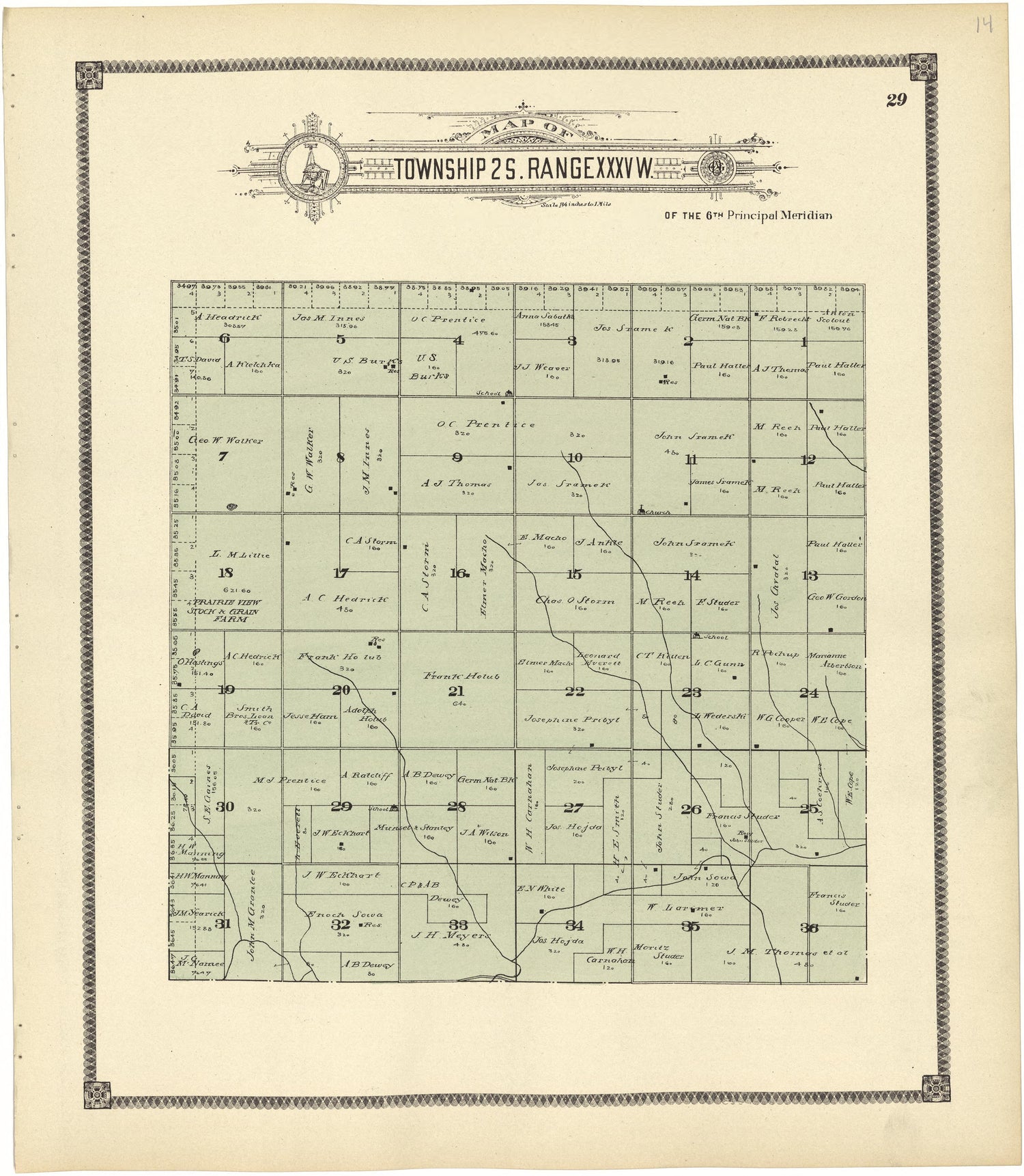 Map of Township 2 S. Range XXXV W. from Standard Atlas of Rawlins County, Kansas : Including a Plat Book of the Villages, Cities and Townships of the County, Map of the State, United States and World, Patrons Directory, Reference Business … 1906 by Relic Map Company