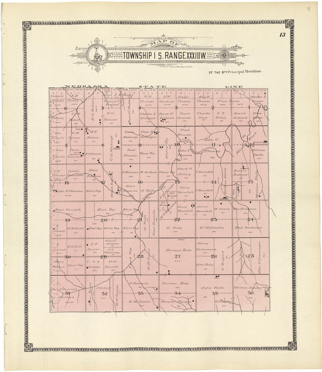 Map of Township 1 S. Range XXXIII W. from Standard Atlas of Rawlins County, Kansas : Including a Plat Book of the Villages, Cities and Townships of the County, Map of the State, United States and World, Patrons Directory, Reference Business … 1906 by Relic Map Company