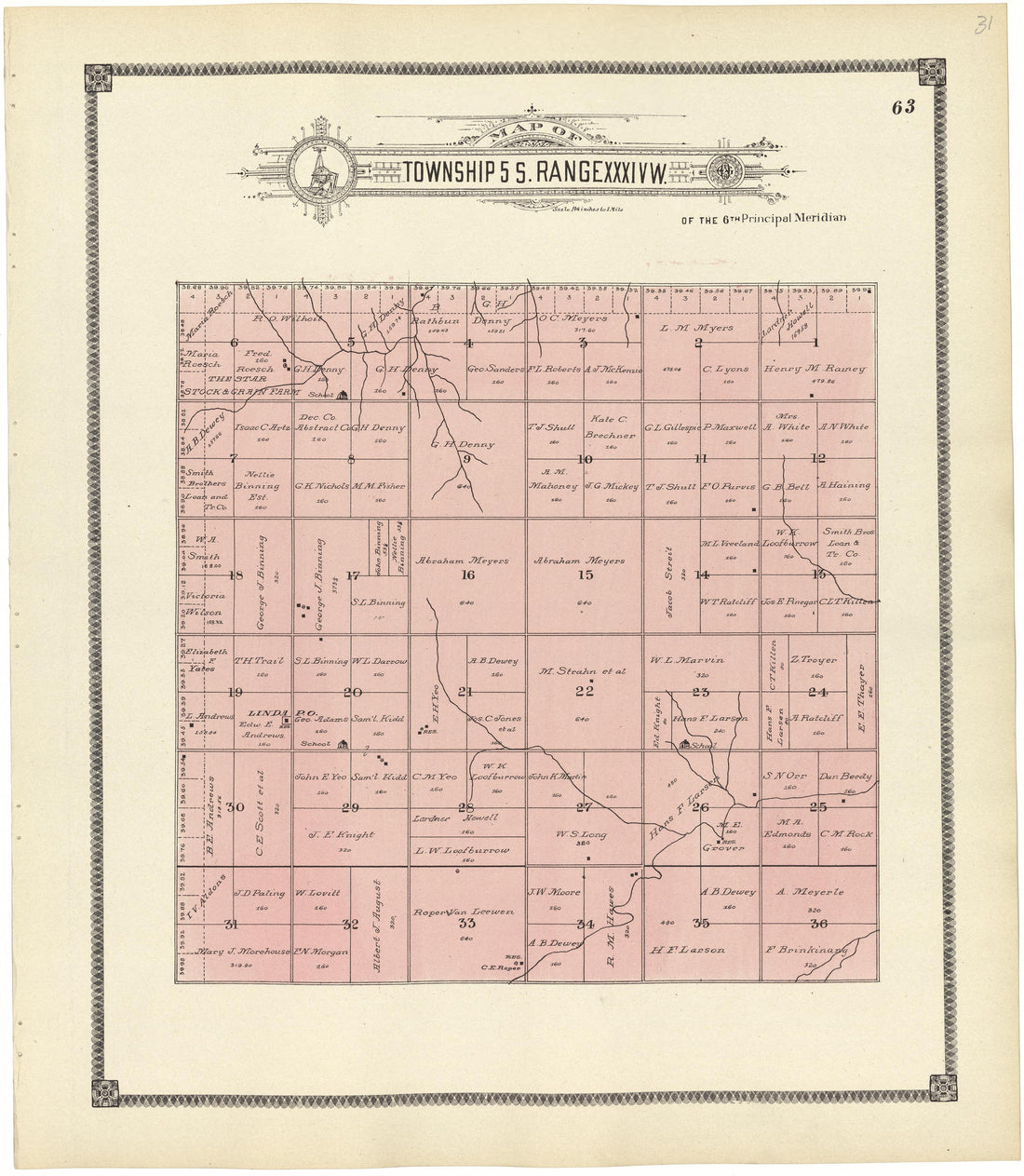 Map of Township 5 S. Range XXXIV W. from Standard Atlas of Rawlins County, Kansas : Including a Plat Book of the Villages, Cities and Townships of the County, Map of the State, United States and World, Patrons Directory, Reference Business … 1906 by Relic Map Company