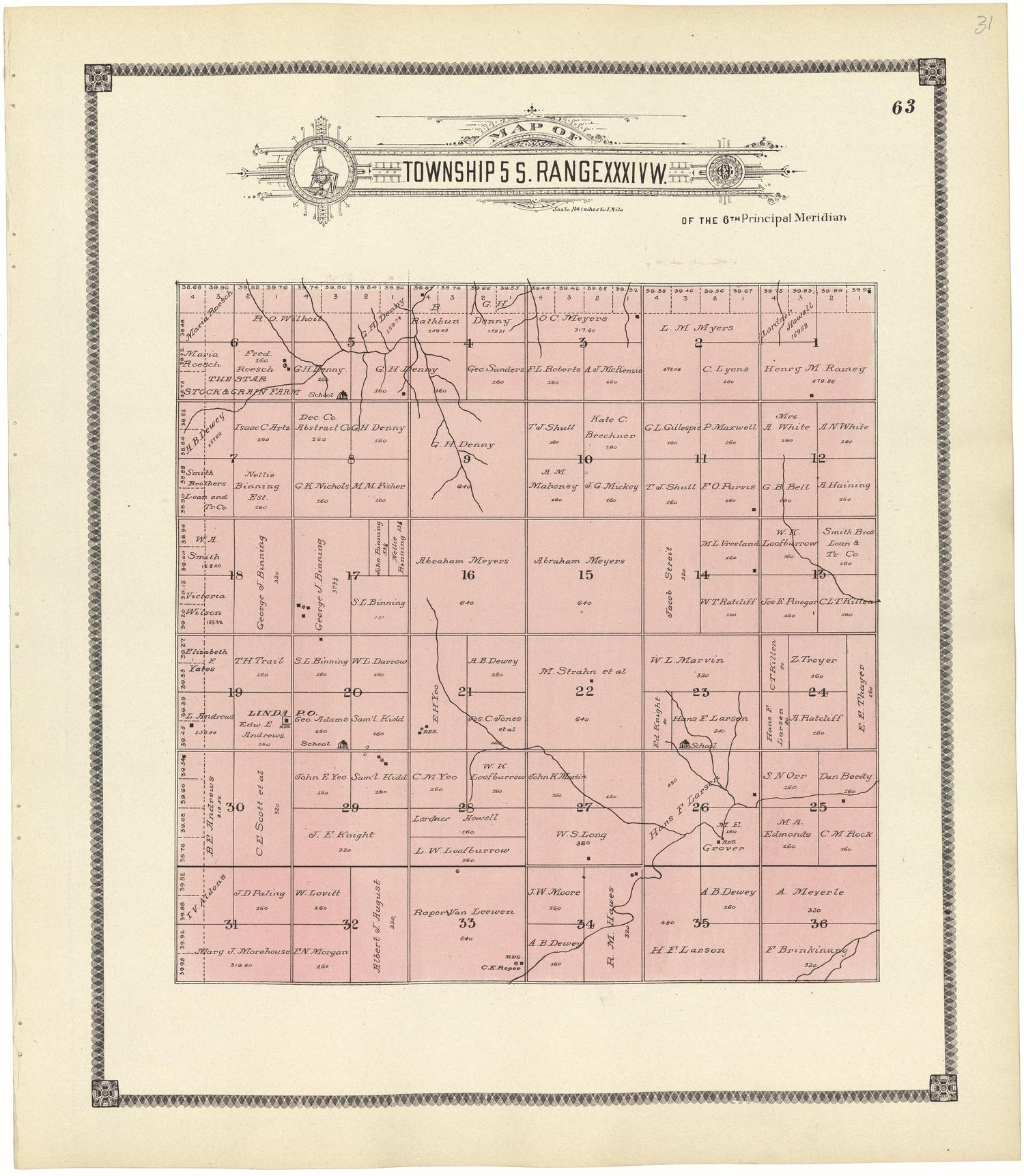 Map of Township 5 S. Range XXXIV W. from Standard Atlas of Rawlins County, Kansas : Including a Plat Book of the Villages, Cities and Townships of the County, Map of the State, United States and World, Patrons Directory, Reference Business … 1906 by Relic Map Company