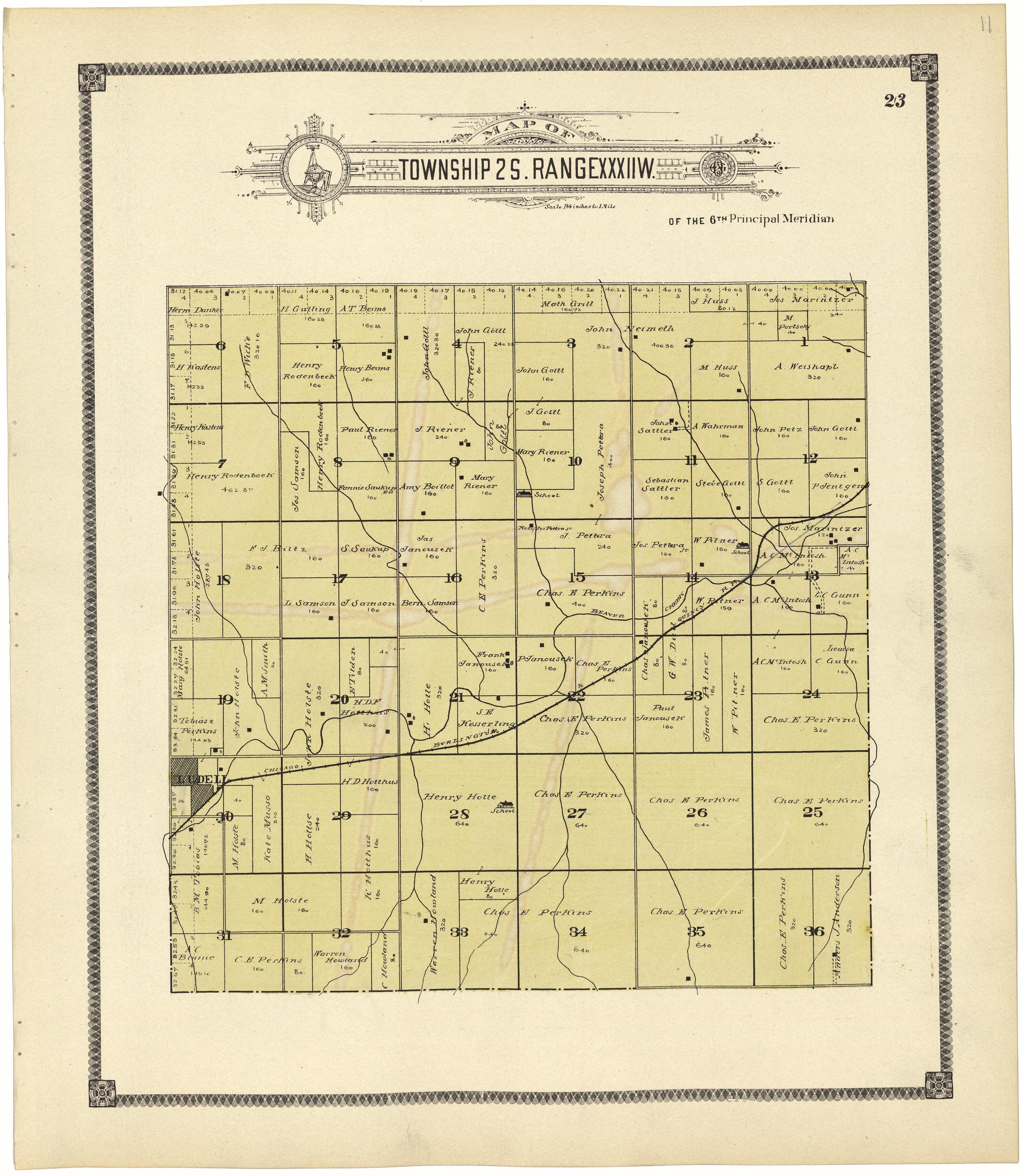 Map of Township 2 S. Range XXXII W. from Standard Atlas of Rawlins County, Kansas : Including a Plat Book of the Villages, Cities and Townships of the County, Map of the State, United States and World, Patrons Directory, Reference Business … 1906 by Relic Map Company