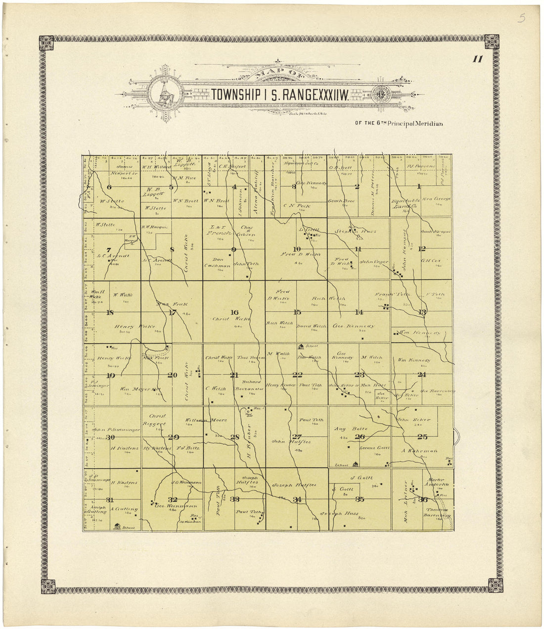 Map of Township 1 S. Range XXXII W. from Standard Atlas of Rawlins County, Kansas : Including a Plat Book of the Villages, Cities and Townships of the County, Map of the State, United States and World, Patrons Directory, Reference Business … 1906 by Relic Map Company