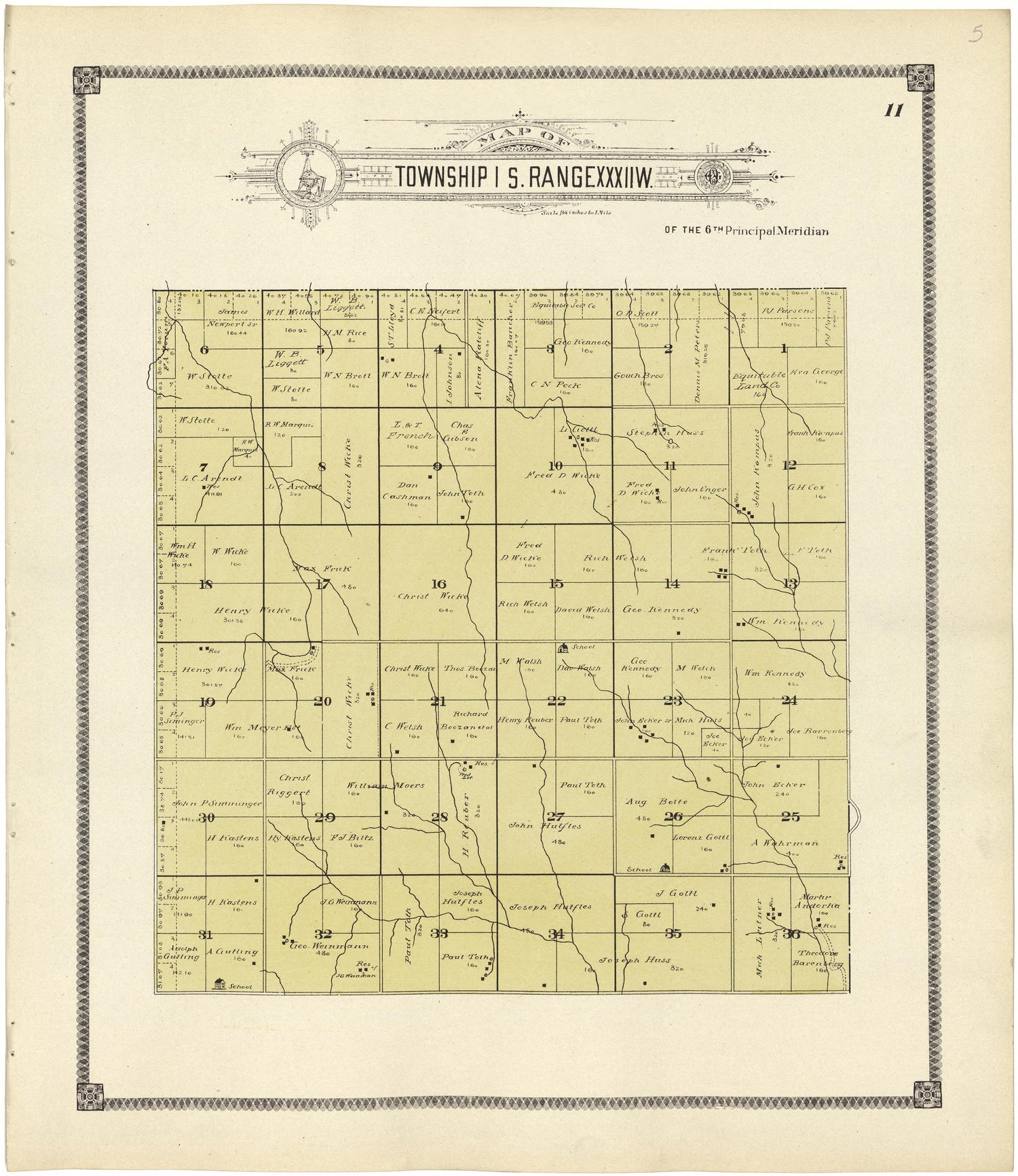 Map of Township 1 S. Range XXXII W. from Standard Atlas of Rawlins County, Kansas : Including a Plat Book of the Villages, Cities and Townships of the County, Map of the State, United States and World, Patrons Directory, Reference Business … 1906 by Relic Map Company