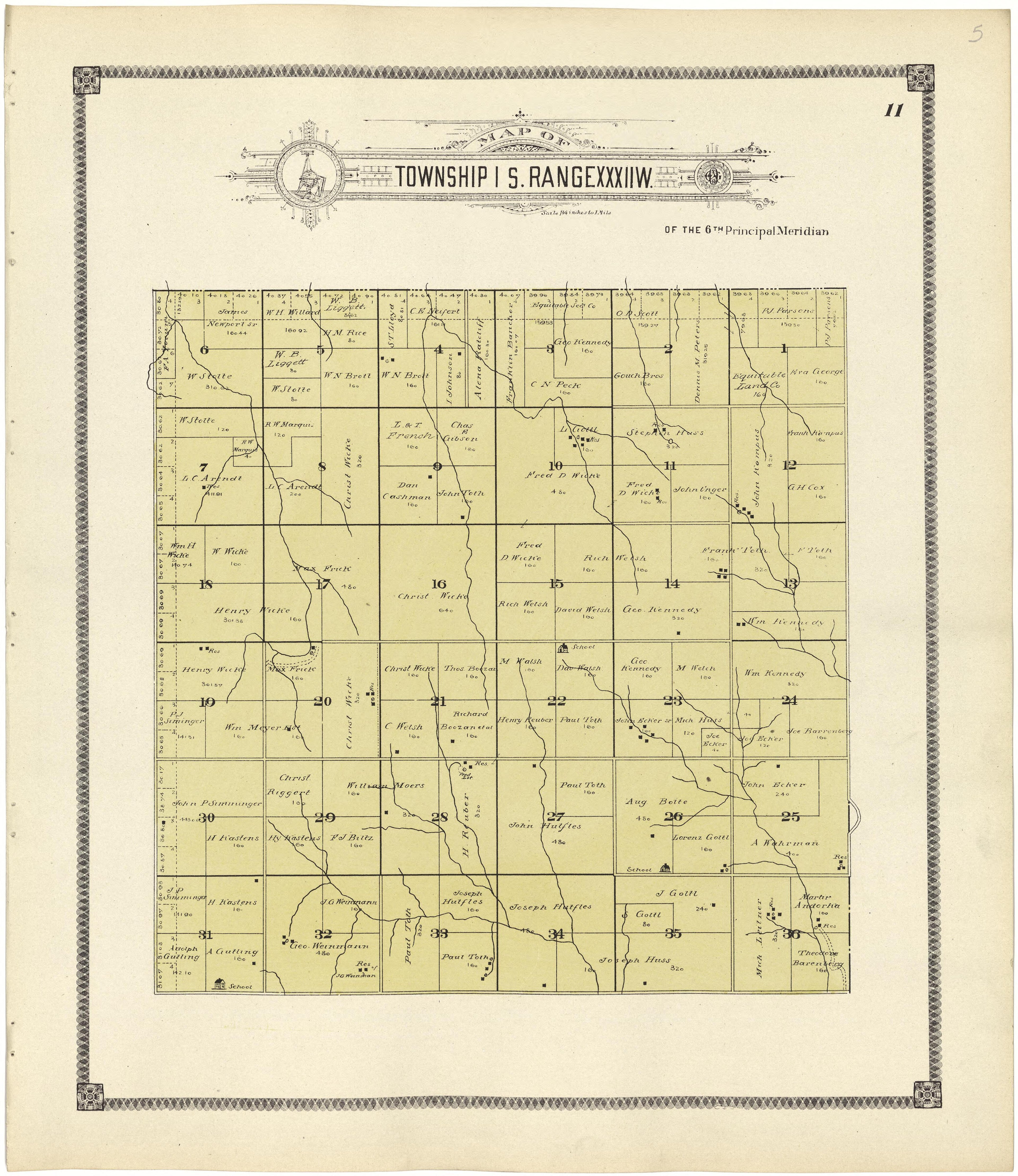 Map of Township 1 S. Range XXXII W. from Standard Atlas of Rawlins County, Kansas : Including a Plat Book of the Villages, Cities and Townships of the County, Map of the State, United States and World, Patrons Directory, Reference Business … 1906 by Relic Map Company