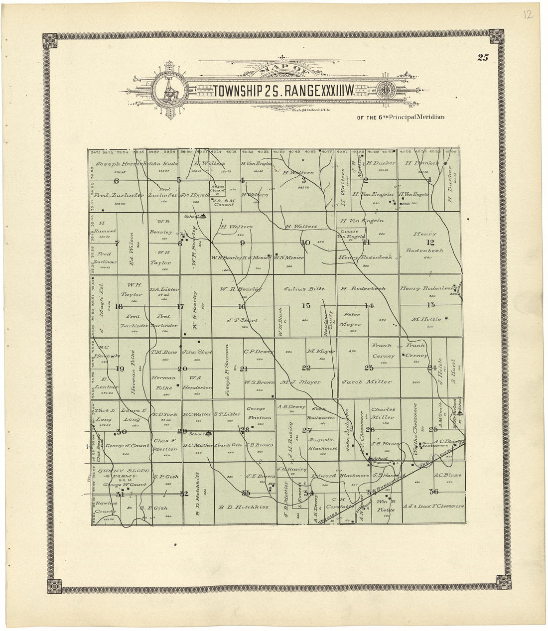 Map of Township 2 S. Range XXXIII W. from Standard Atlas of Rawlins County, Kansas : Including a Plat Book of the Villages, Cities and Townships of the County, Map of the State, United States and World, Patrons Directory, Reference Business … 1906 by Relic Map Company