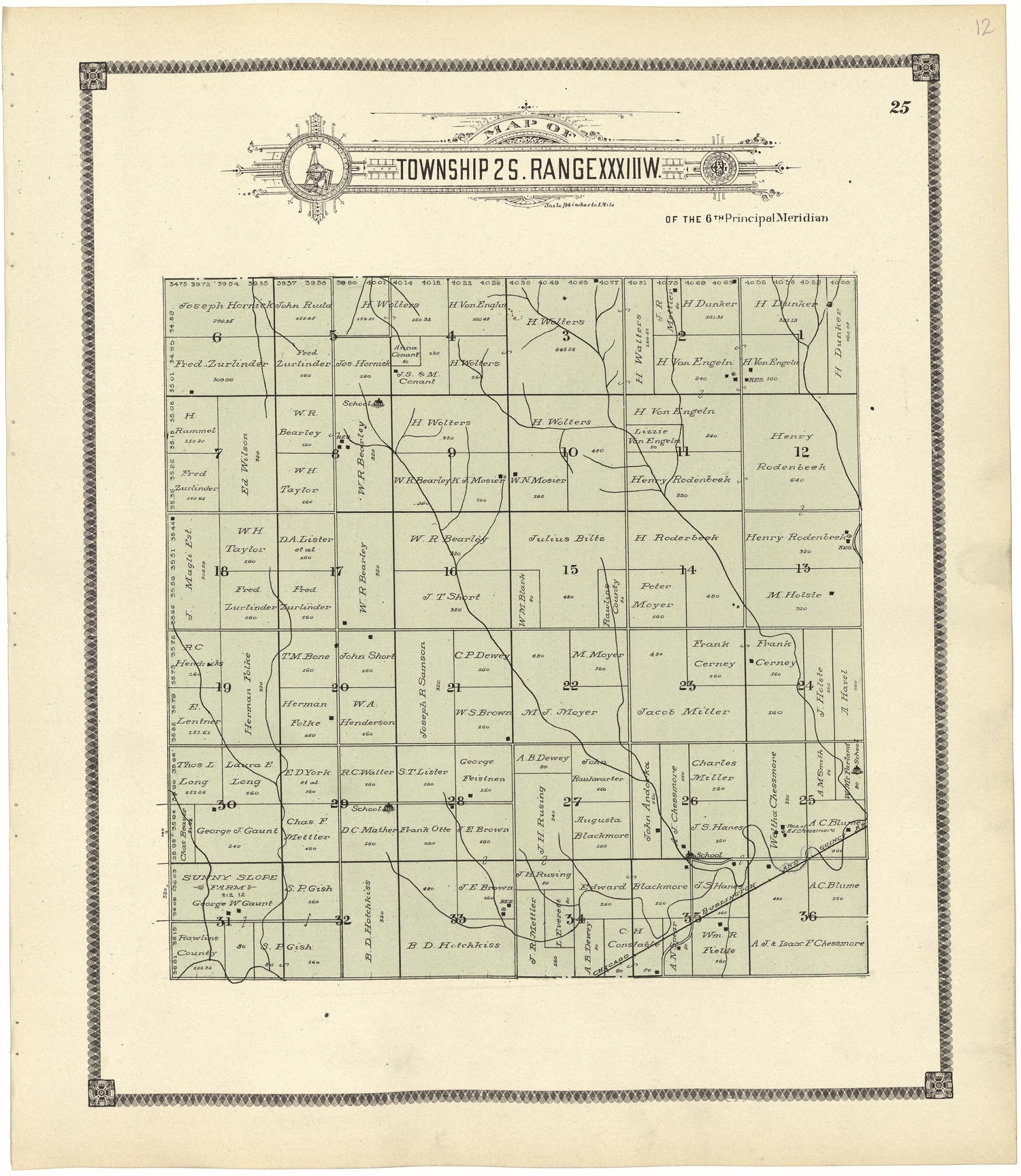 Map of Township 2 S. Range XXXIII W. from Standard Atlas of Rawlins County, Kansas : Including a Plat Book of the Villages, Cities and Townships of the County, Map of the State, United States and World, Patrons Directory, Reference Business … 1906 by Relic Map Company