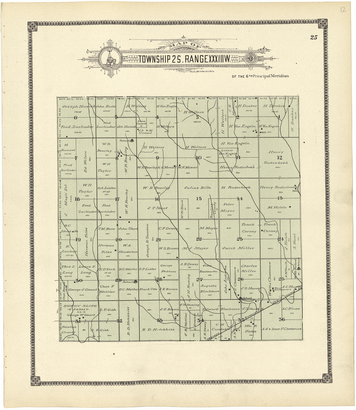 Map of Township 2 S. Range XXXIII W. from Standard Atlas of Rawlins County, Kansas : Including a Plat Book of the Villages, Cities and Townships of the County, Map of the State, United States and World, Patrons Directory, Reference Business … 1906 by Relic Map Company