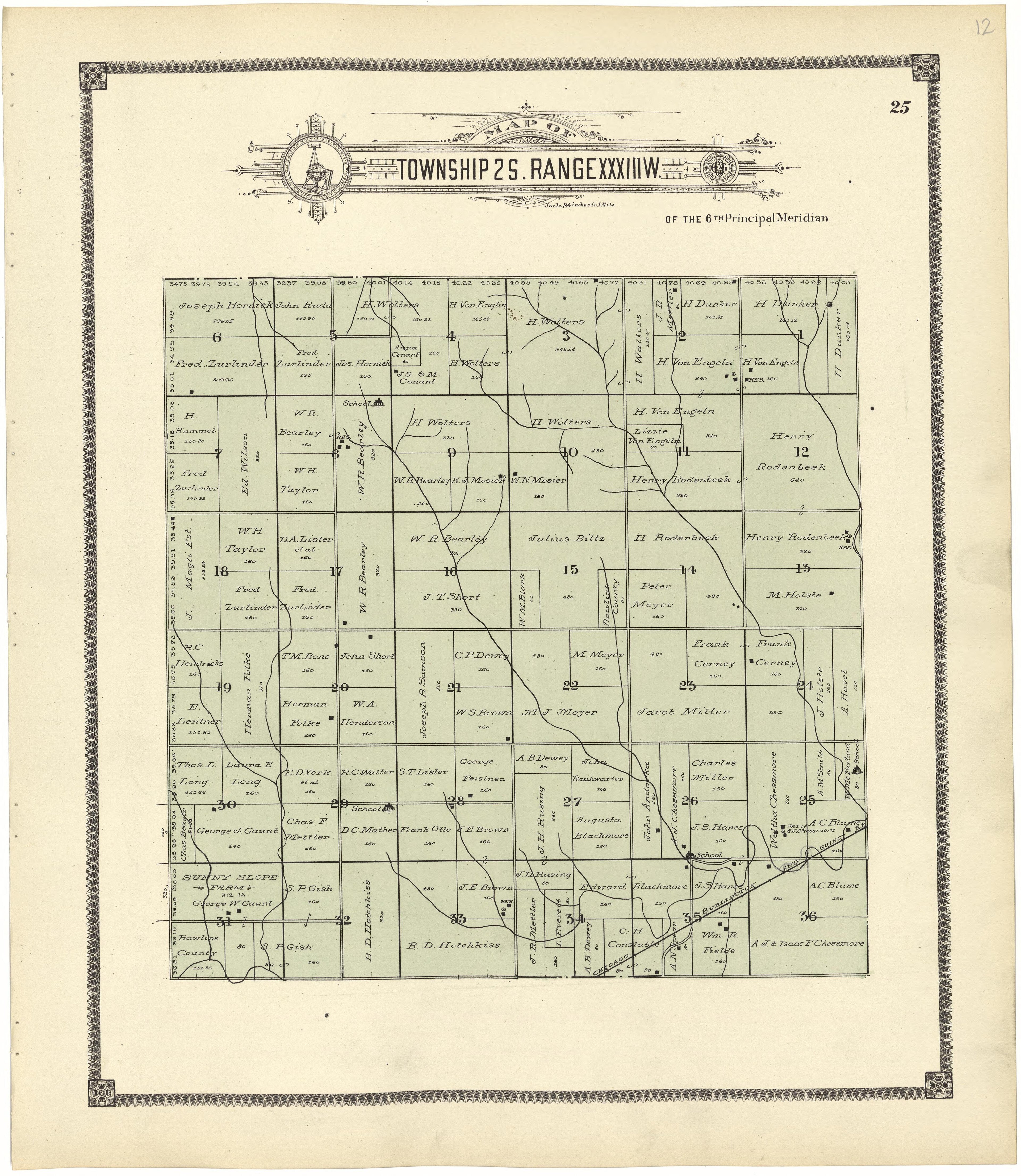 Map of Township 2 S. Range XXXIII W. from Standard Atlas of Rawlins County, Kansas : Including a Plat Book of the Villages, Cities and Townships of the County, Map of the State, United States and World, Patrons Directory, Reference Business … 1906 by Relic Map Company