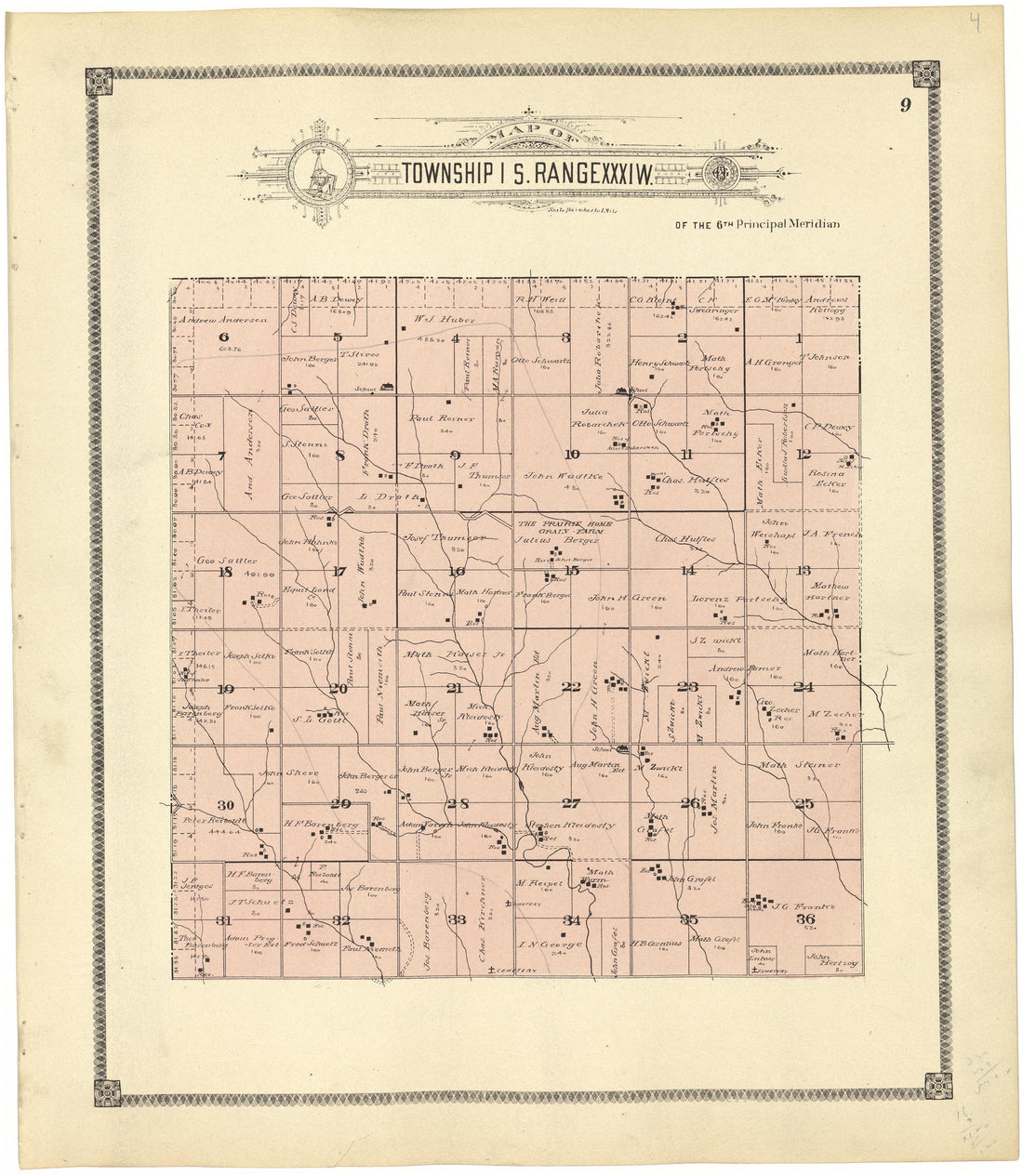 Map of Township 1 S. Range XXXI W. from Standard Atlas of Rawlins County, Kansas : Including a Plat Book of the Villages, Cities and Townships of the County, Map of the State, United States and World, Patrons Directory, Reference Business … 1906 by Relic Map Company