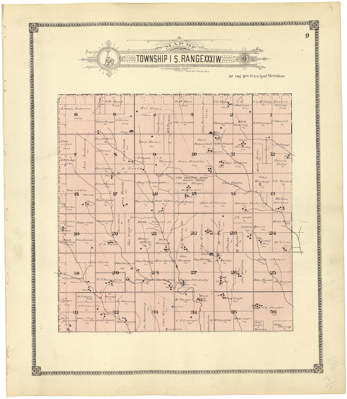 Map of Township 1 S. Range XXXI W. from Standard Atlas of Rawlins County, Kansas : Including a Plat Book of the Villages, Cities and Townships of the County, Map of the State, United States and World, Patrons Directory, Reference Business … 1906 by Relic Map Company