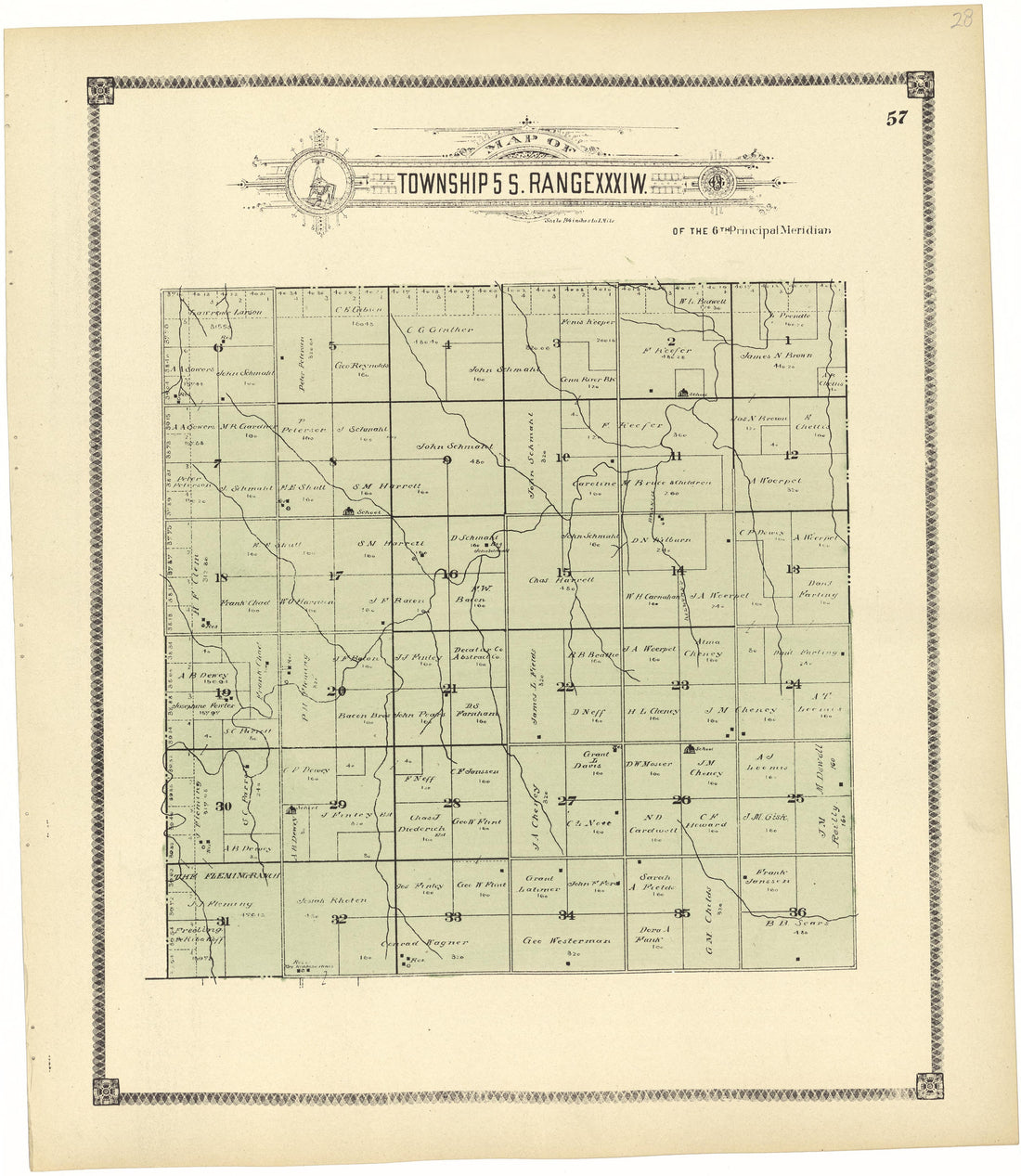 Map of Township 5 S. Range XXXI W. from Standard Atlas of Rawlins County, Kansas : Including a Plat Book of the Villages, Cities and Townships of the County, Map of the State, United States and World, Patrons Directory, Reference Business … 1906 by Relic Map Company