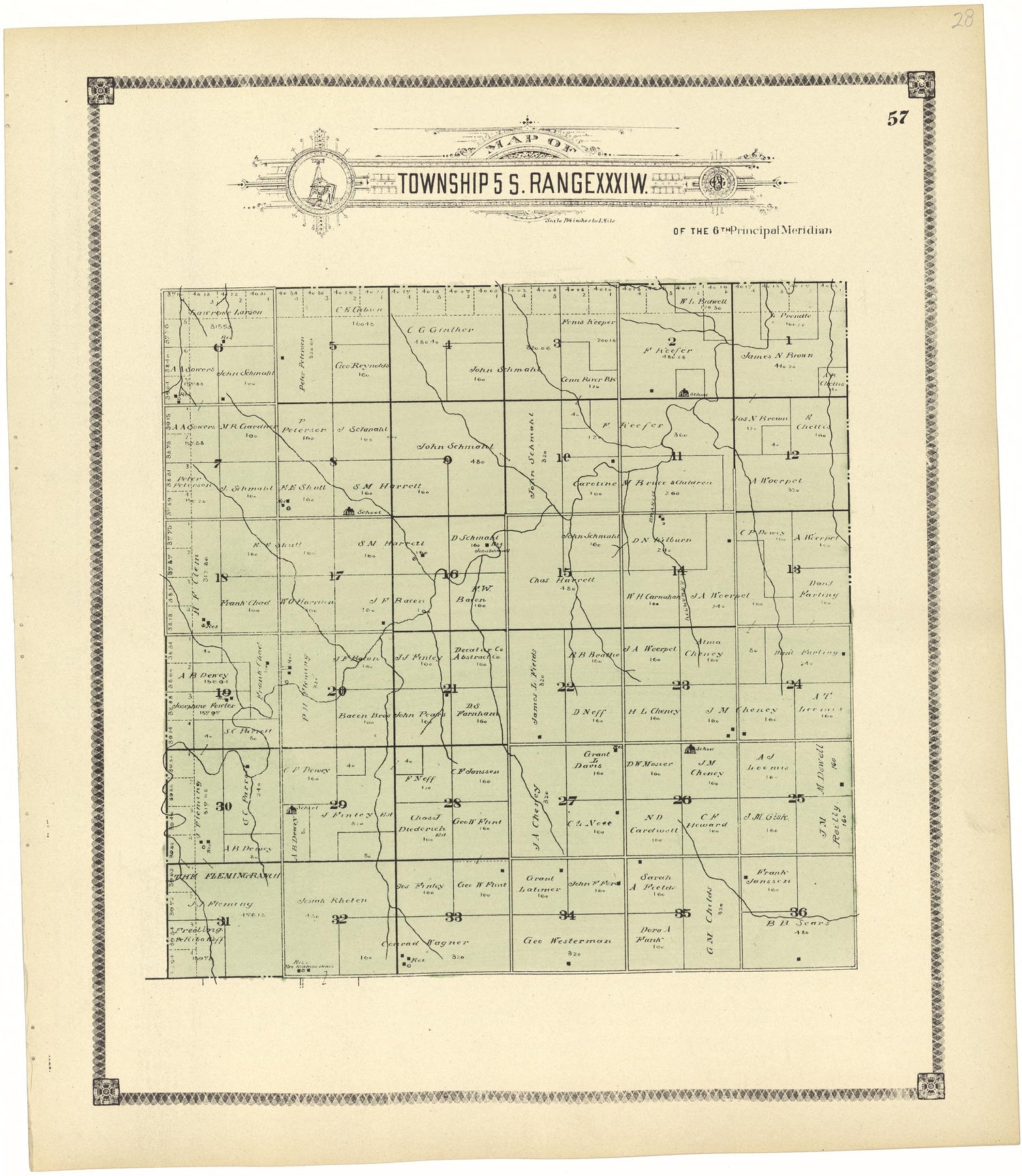 Map of Township 5 S. Range XXXI W. from Standard Atlas of Rawlins County, Kansas : Including a Plat Book of the Villages, Cities and Townships of the County, Map of the State, United States and World, Patrons Directory, Reference Business … 1906 by Relic Map Company