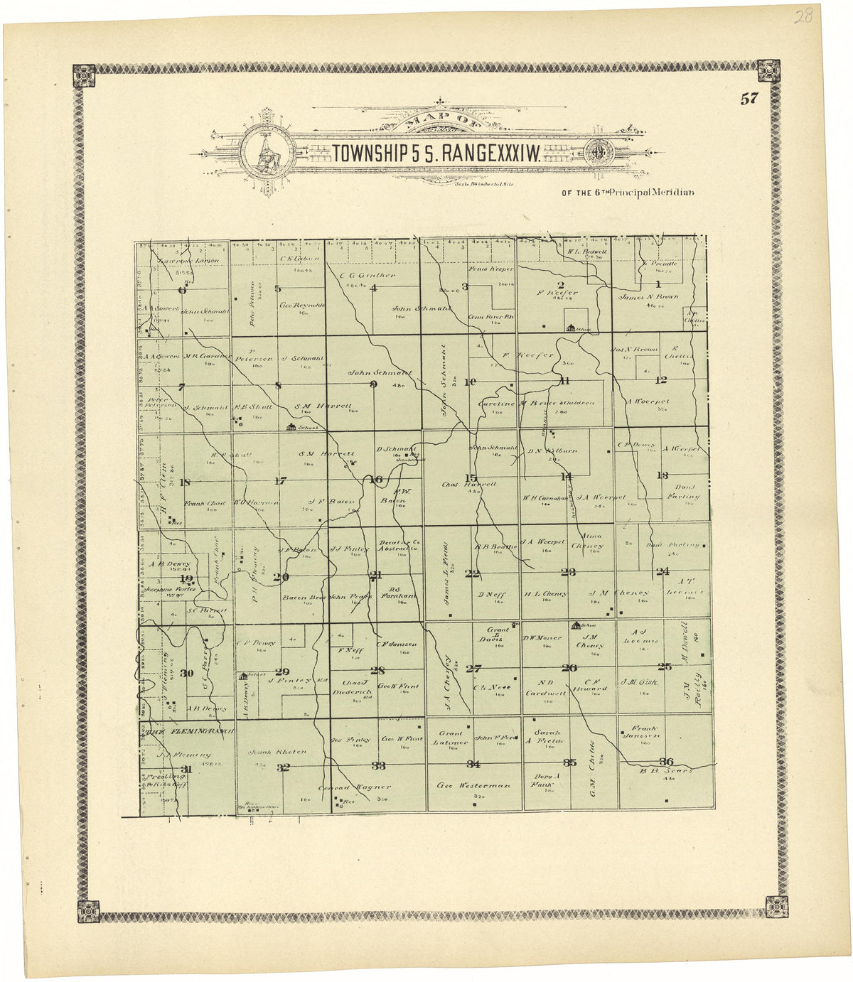 Map of Township 5 S. Range XXXI W. from Standard Atlas of Rawlins County, Kansas : Including a Plat Book of the Villages, Cities and Townships of the County, Map of the State, United States and World, Patrons Directory, Reference Business … 1906 by Relic Map Company
