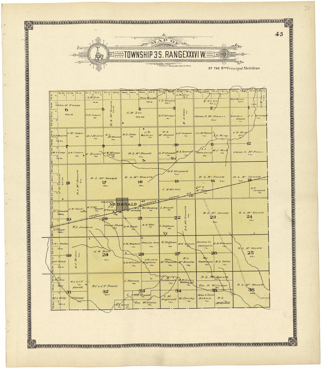 Map of Township 3 S. Range XXXVI W. from Standard Atlas of Rawlins County, Kansas : Including a Plat Book of the Villages, Cities and Townships of the County, Map of the State, United States and World, Patrons Directory, Reference Business … 1906 by Relic Map Company