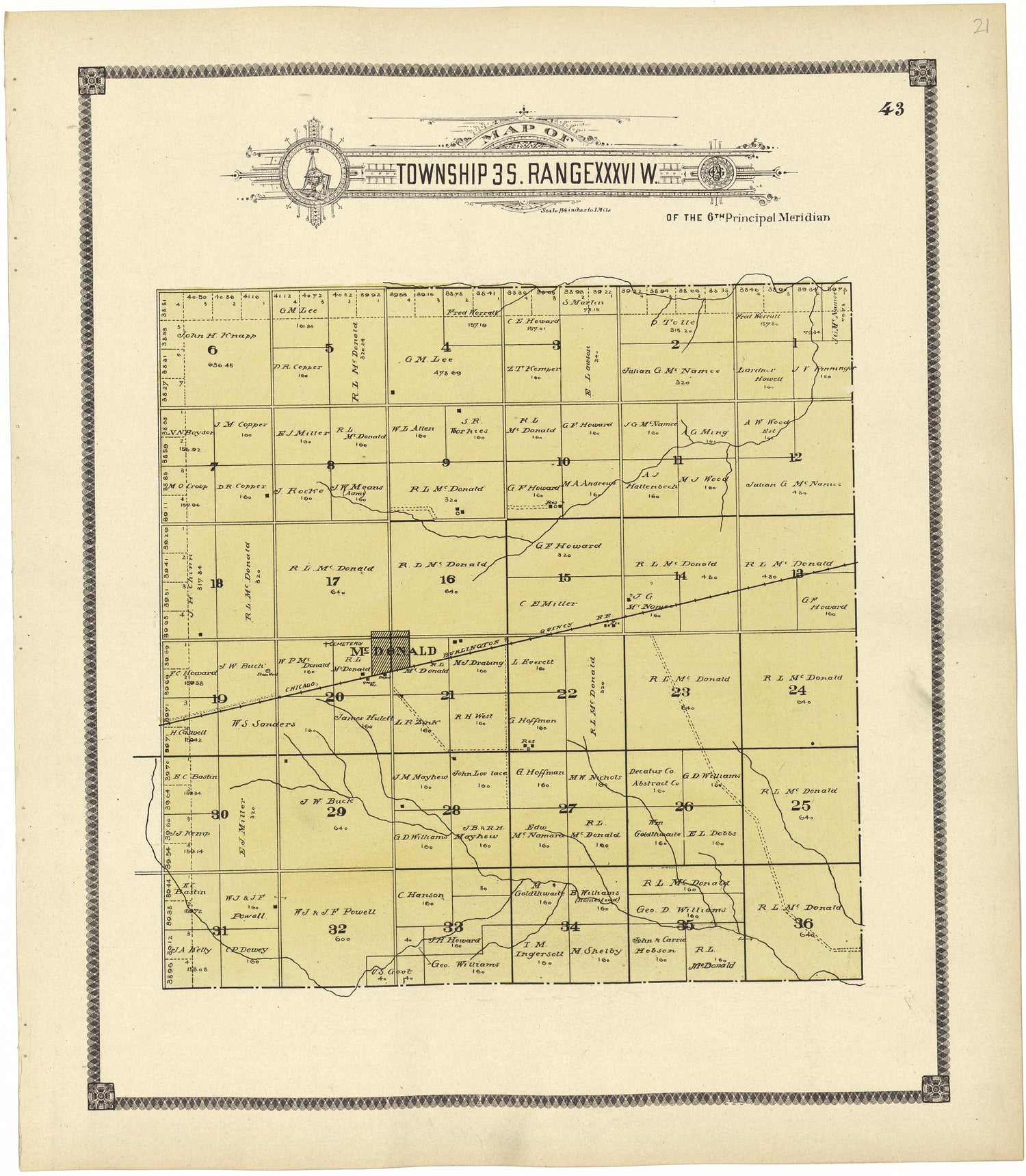 Map of Township 3 S. Range XXXVI W. from Standard Atlas of Rawlins County, Kansas : Including a Plat Book of the Villages, Cities and Townships of the County, Map of the State, United States and World, Patrons Directory, Reference Business … 1906 by Relic Map Company