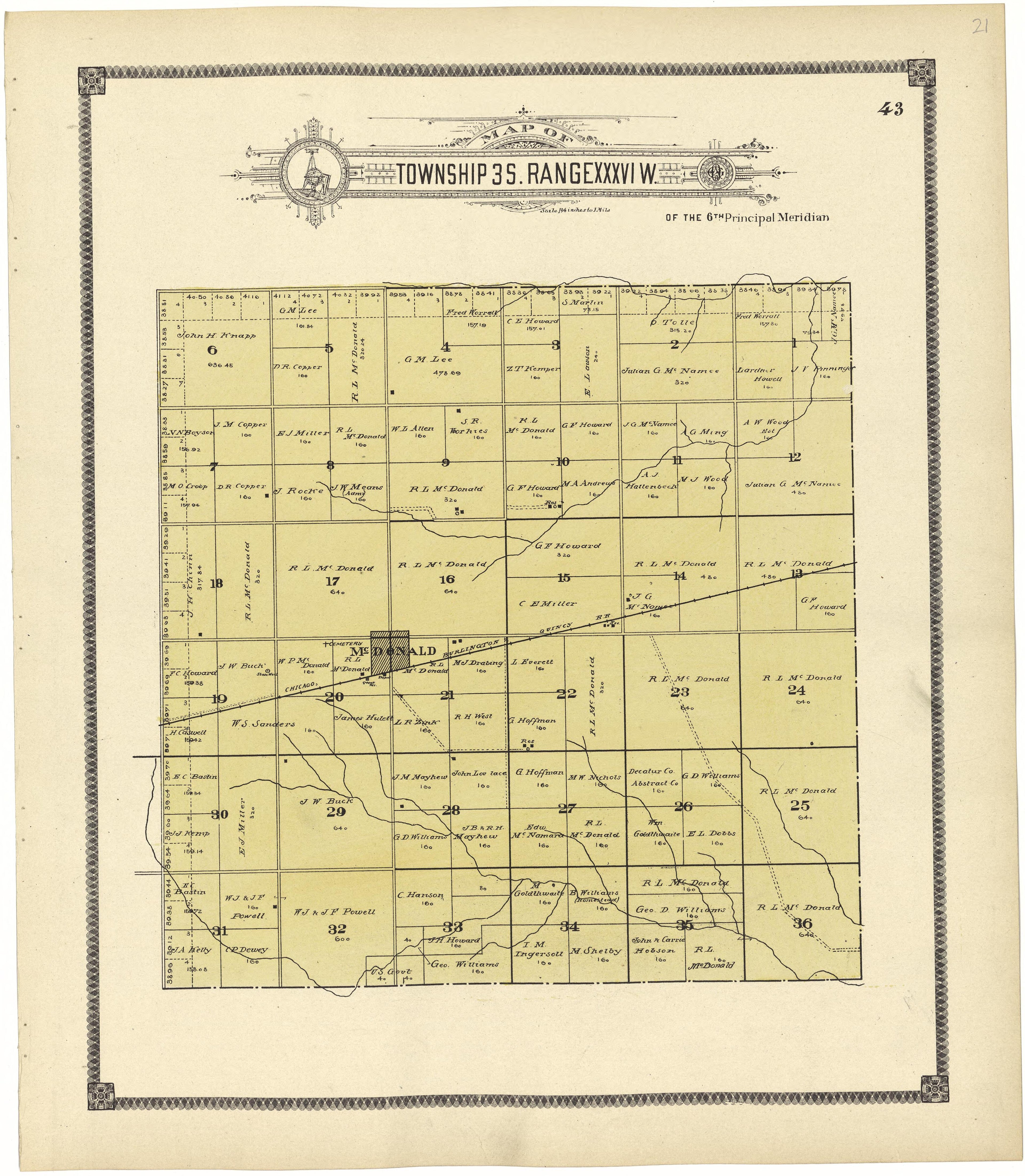 Map of Township 3 S. Range XXXVI W. from Standard Atlas of Rawlins County, Kansas : Including a Plat Book of the Villages, Cities and Townships of the County, Map of the State, United States and World, Patrons Directory, Reference Business … 1906 by Relic Map Company