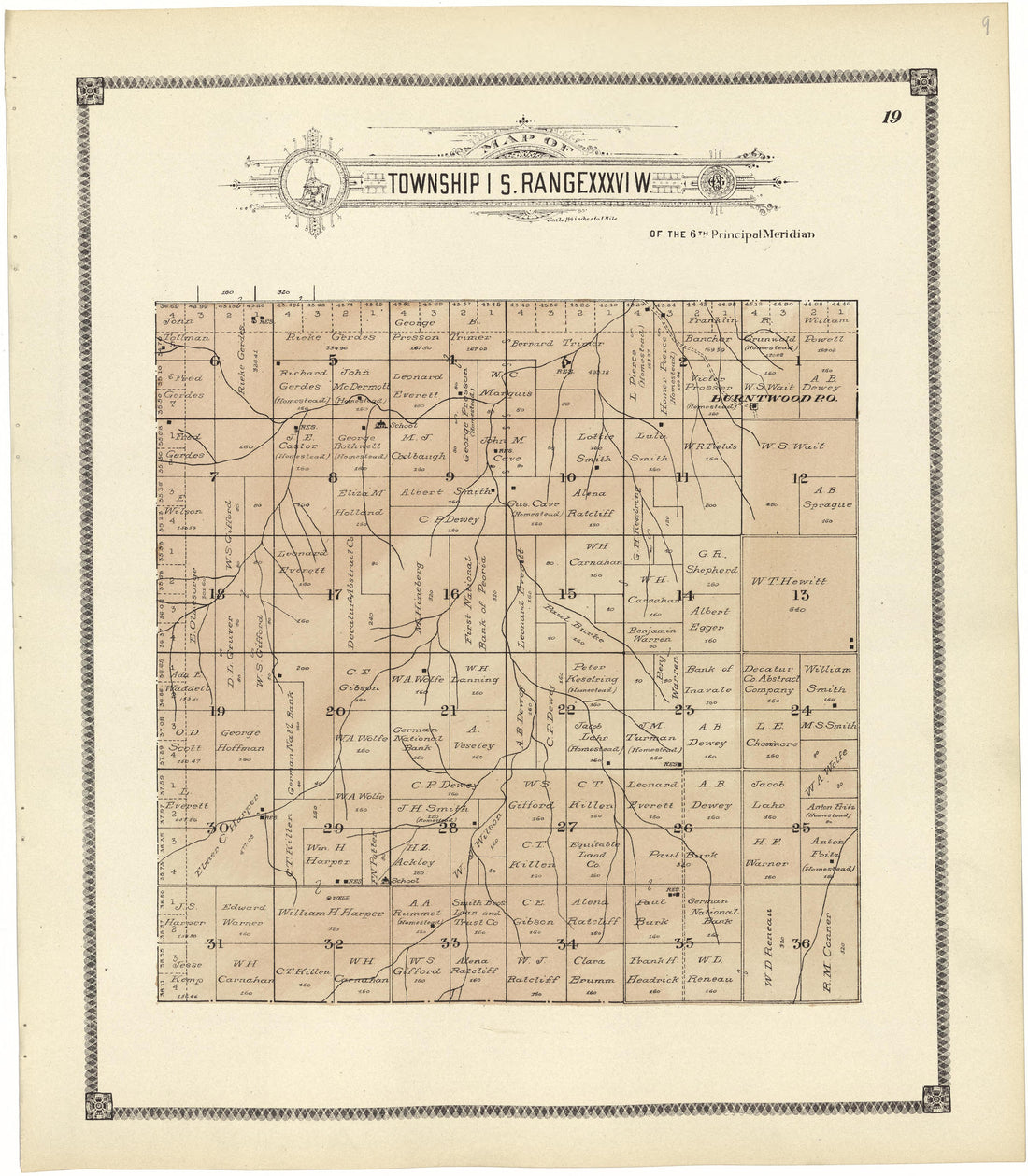 Map of Township 1 S. Range XXXVI W. from Standard Atlas of Rawlins County, Kansas : Including a Plat Book of the Villages, Cities and Townships of the County, Map of the State, United States and World, Patrons Directory, Reference Business … 1906 by Relic Map Company