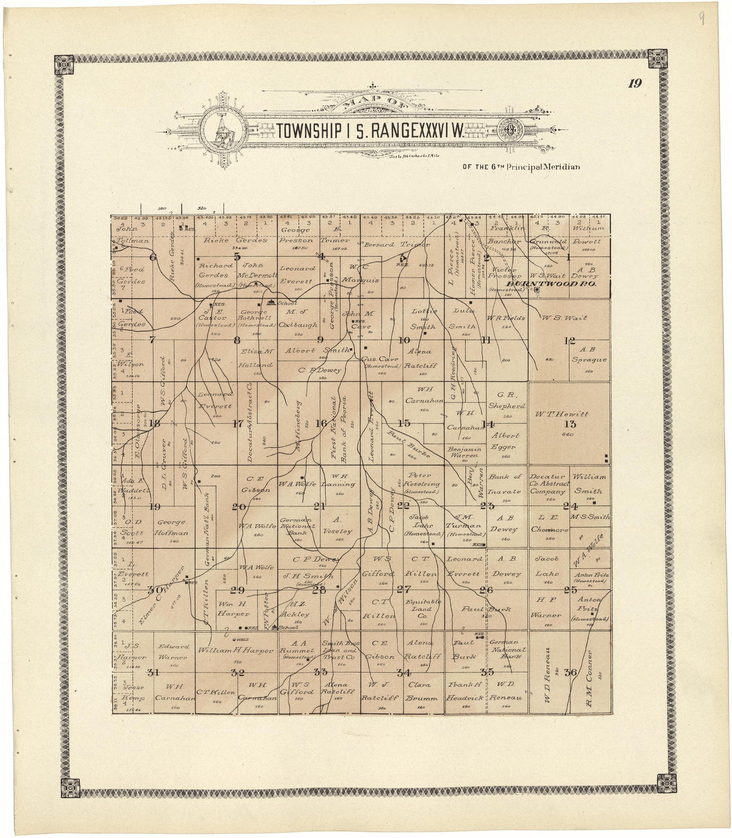 Map of Township 1 S. Range XXXVI W. from Standard Atlas of Rawlins County, Kansas : Including a Plat Book of the Villages, Cities and Townships of the County, Map of the State, United States and World, Patrons Directory, Reference Business … 1906 by Relic Map Company