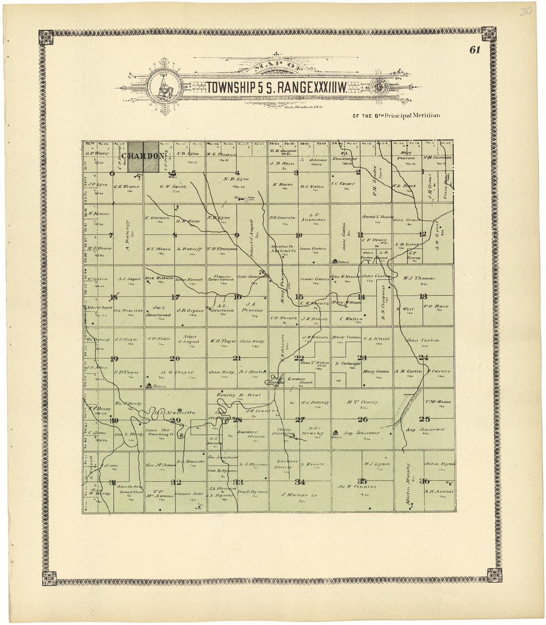 Map of Township 5 S. Range XXXIII W. from Standard Atlas of Rawlins County, Kansas : Including a Plat Book of the Villages, Cities and Townships of the County, Map of the State, United States and World, Patrons Directory, Reference Business … 1906 by Relic Map Company