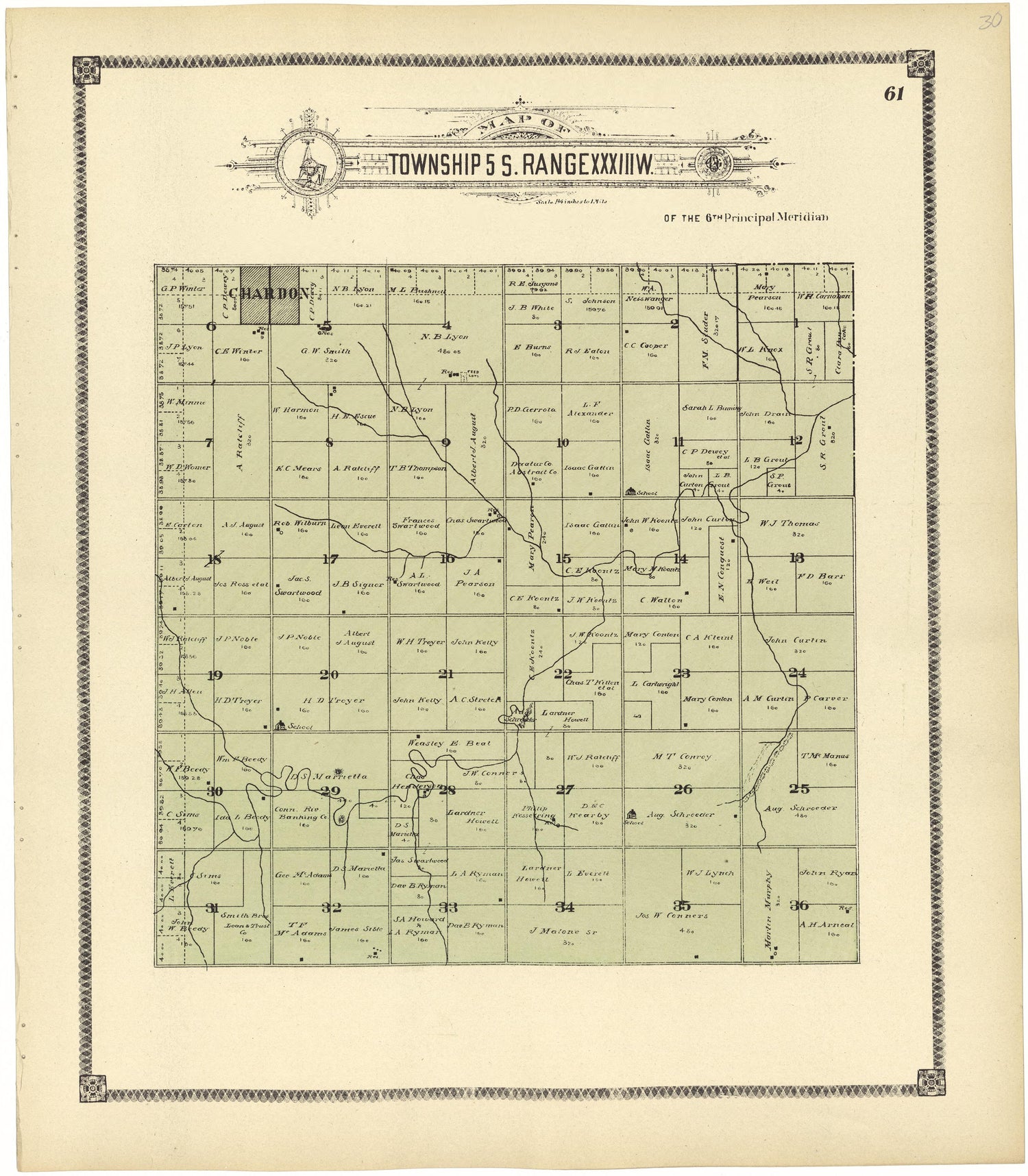 Map of Township 5 S. Range XXXIII W. from Standard Atlas of Rawlins County, Kansas : Including a Plat Book of the Villages, Cities and Townships of the County, Map of the State, United States and World, Patrons Directory, Reference Business … 1906 by Relic Map Company