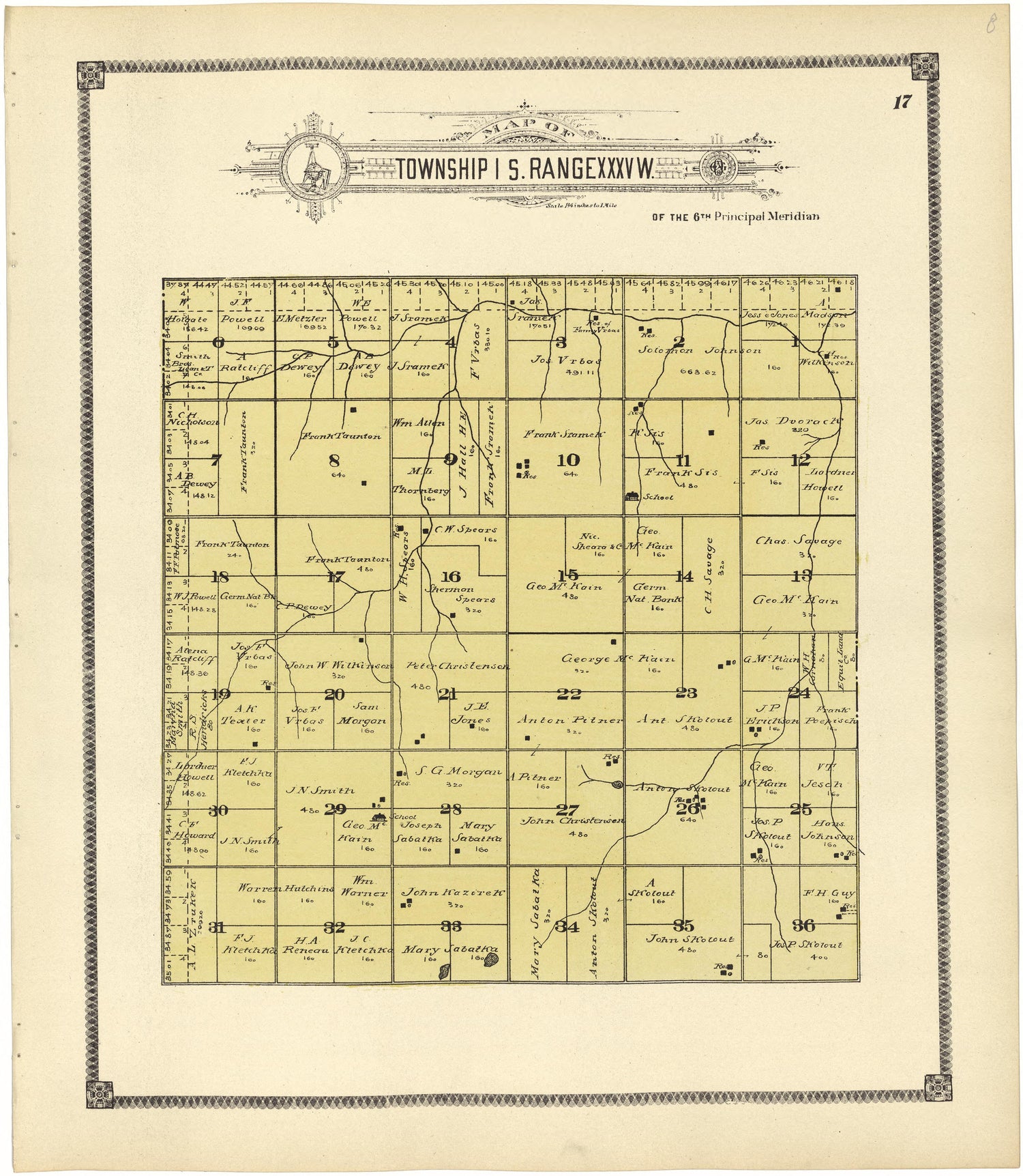 Map of Township 1 S. Range XXXV W. from Standard Atlas of Rawlins County, Kansas : Including a Plat Book of the Villages, Cities and Townships of the County, Map of the State, United States and World, Patrons Directory, Reference Business … 1906 by Relic Map Company