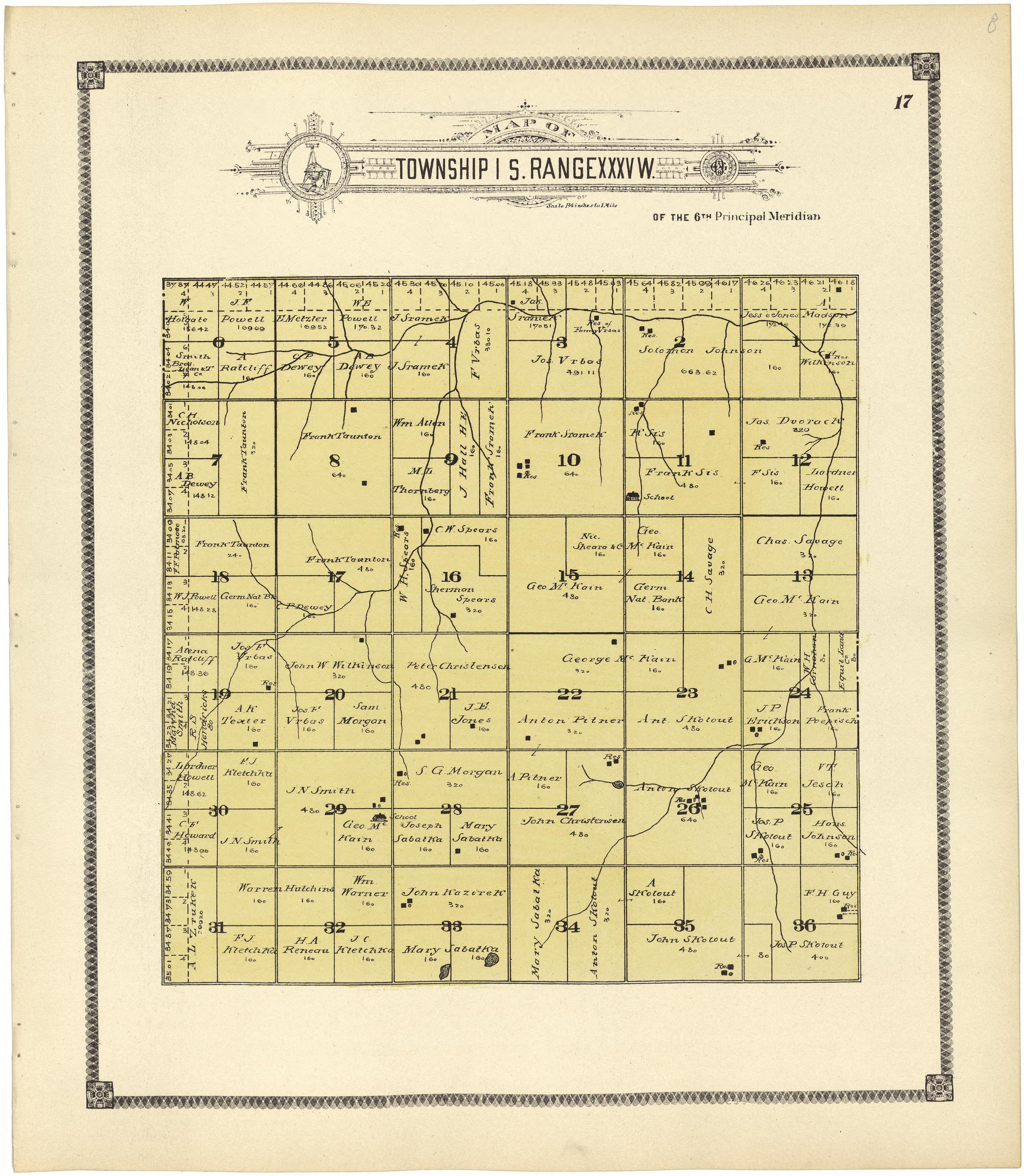 Map of Township 1 S. Range XXXV W. from Standard Atlas of Rawlins County, Kansas : Including a Plat Book of the Villages, Cities and Townships of the County, Map of the State, United States and World, Patrons Directory, Reference Business … 1906 by Relic Map Company