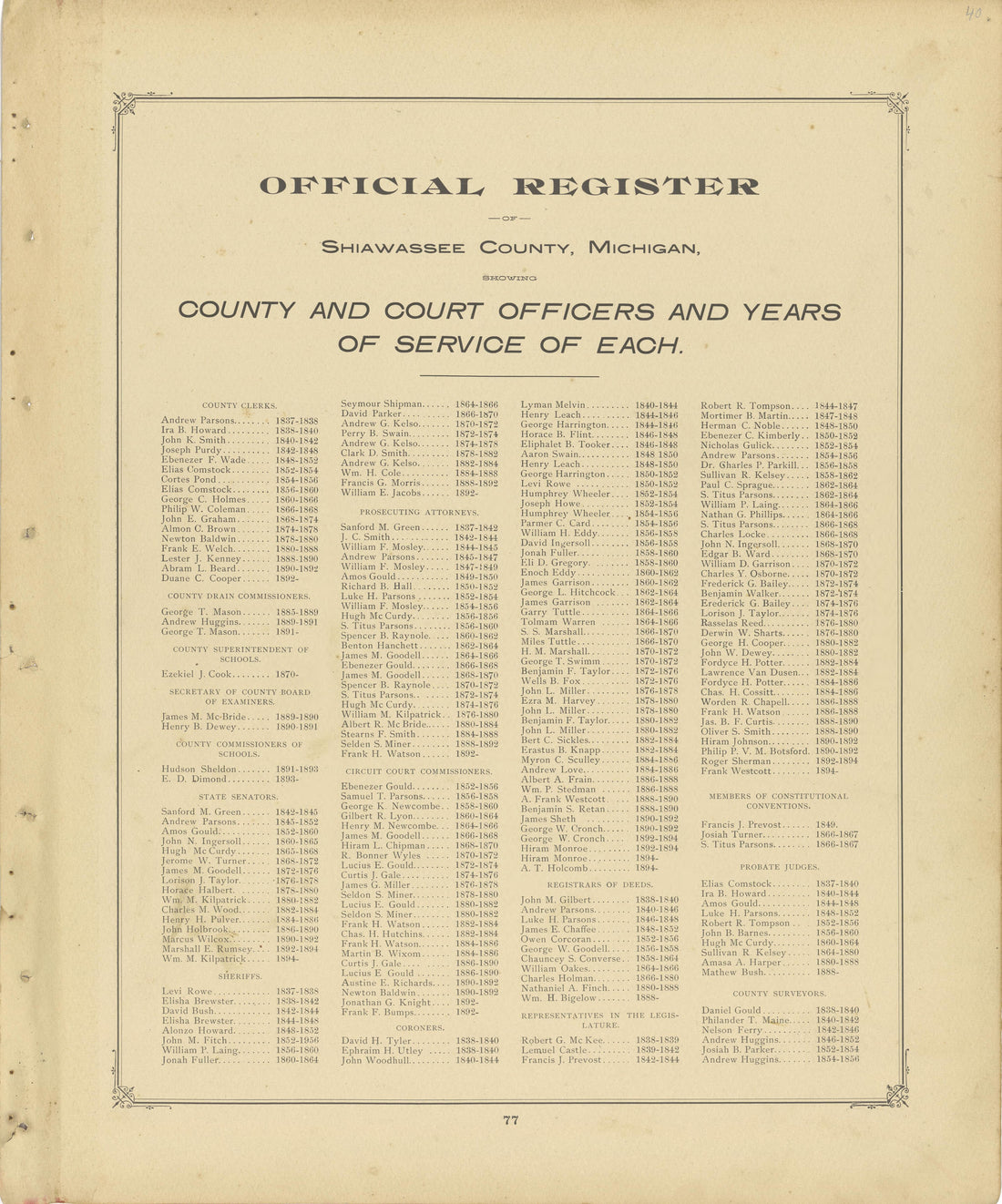 Official Register of Shiawassee County from Illustrated Atlas of Shiawassee County, Michigan : Compiled and Published from Recent Surveys, Official Records and Personal Examinations : Including Brief Biographical Sketches of Enterprising Citizens 1895 by Relic Map Company