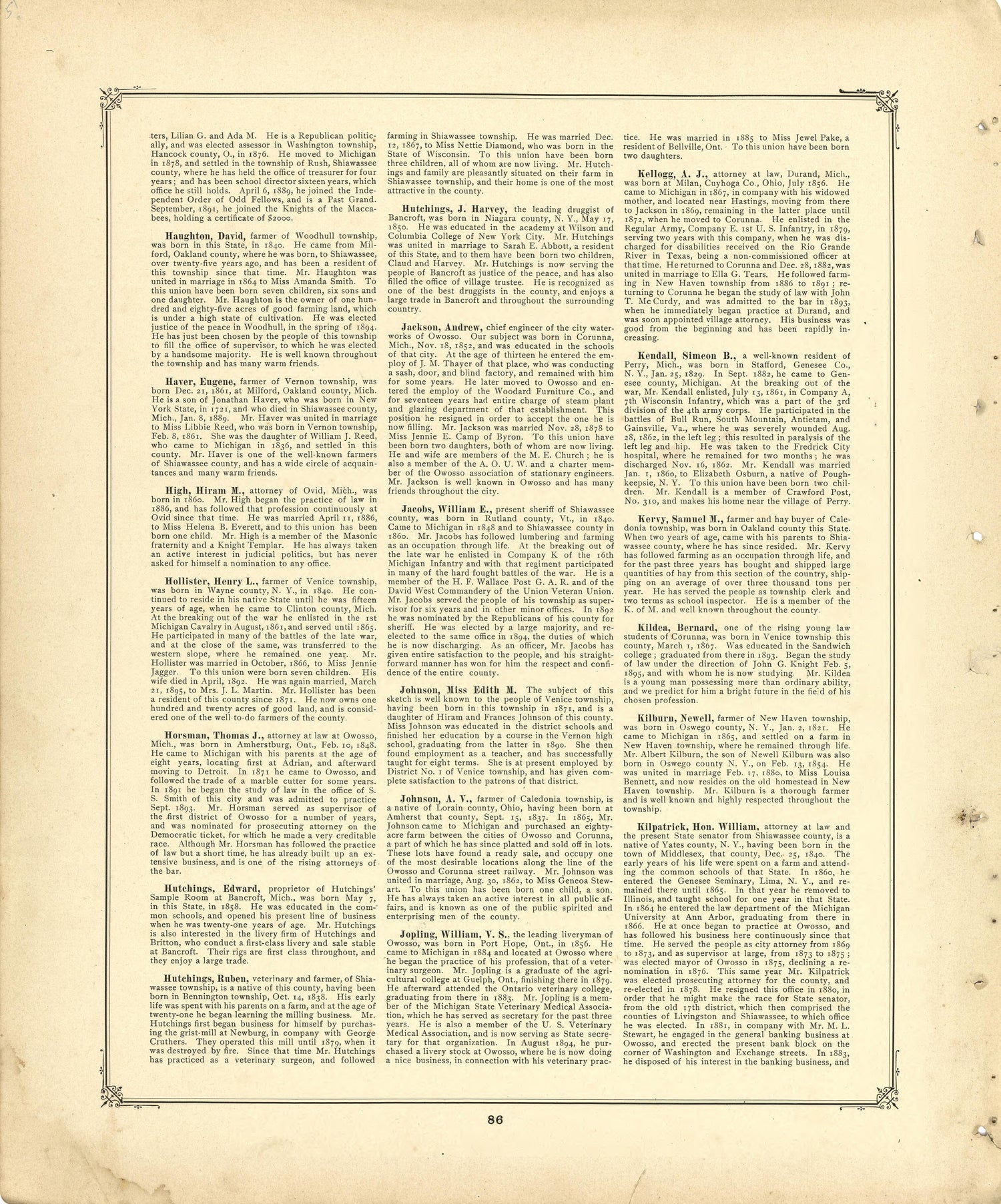 Biographies Continued from Illustrated Atlas of Shiawassee County, Michigan : Compiled and Published from Recent Surveys, Official Records and Personal Examinations : Including Brief Biographical Sketches of Enterprising Citizens 1895 by Relic Map Company