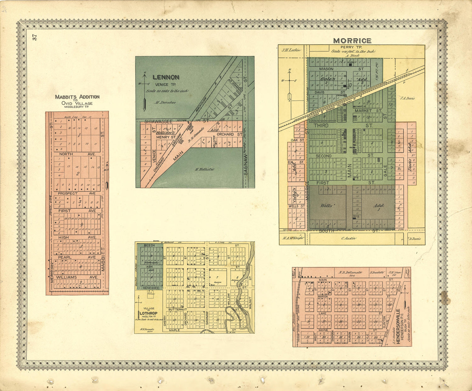 Mabbits Addition to Ovid Village;Lennon; Morrice; Lothrop; Hendersonville from Illustrated Atlas of Shiawassee County, Michigan : Compiled and Published from Recent Surveys, Official Records and Personal Examinations : Including Brief Biographical Ske... by Relic Map Company