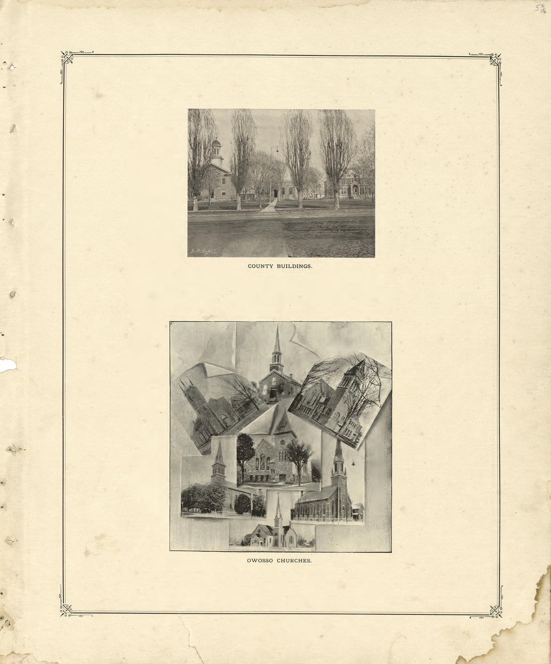 County Buildings; Owosso Churches from Illustrated Atlas of Shiawassee County, Michigan : Compiled and Published from Recent Surveys, Official Records and Personal Examinations : Including Brief Biographical Sketches of Enterprising Citizens 1895 by Relic Map Company