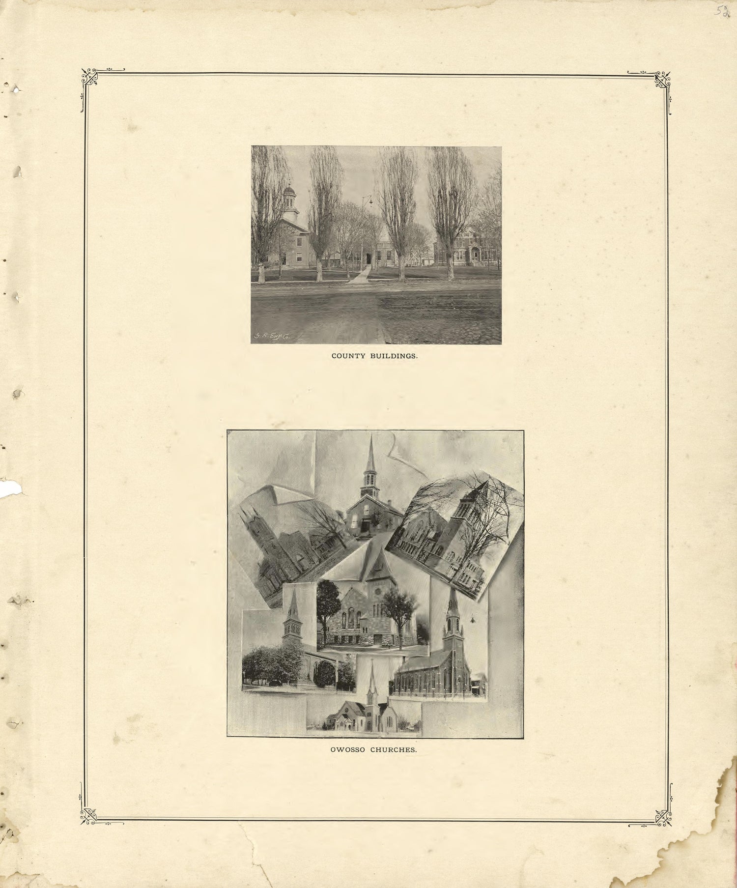 County Buildings; Owosso Churches from Illustrated Atlas of Shiawassee County, Michigan : Compiled and Published from Recent Surveys, Official Records and Personal Examinations : Including Brief Biographical Sketches of Enterprising Citizens 1895 by Relic Map Company