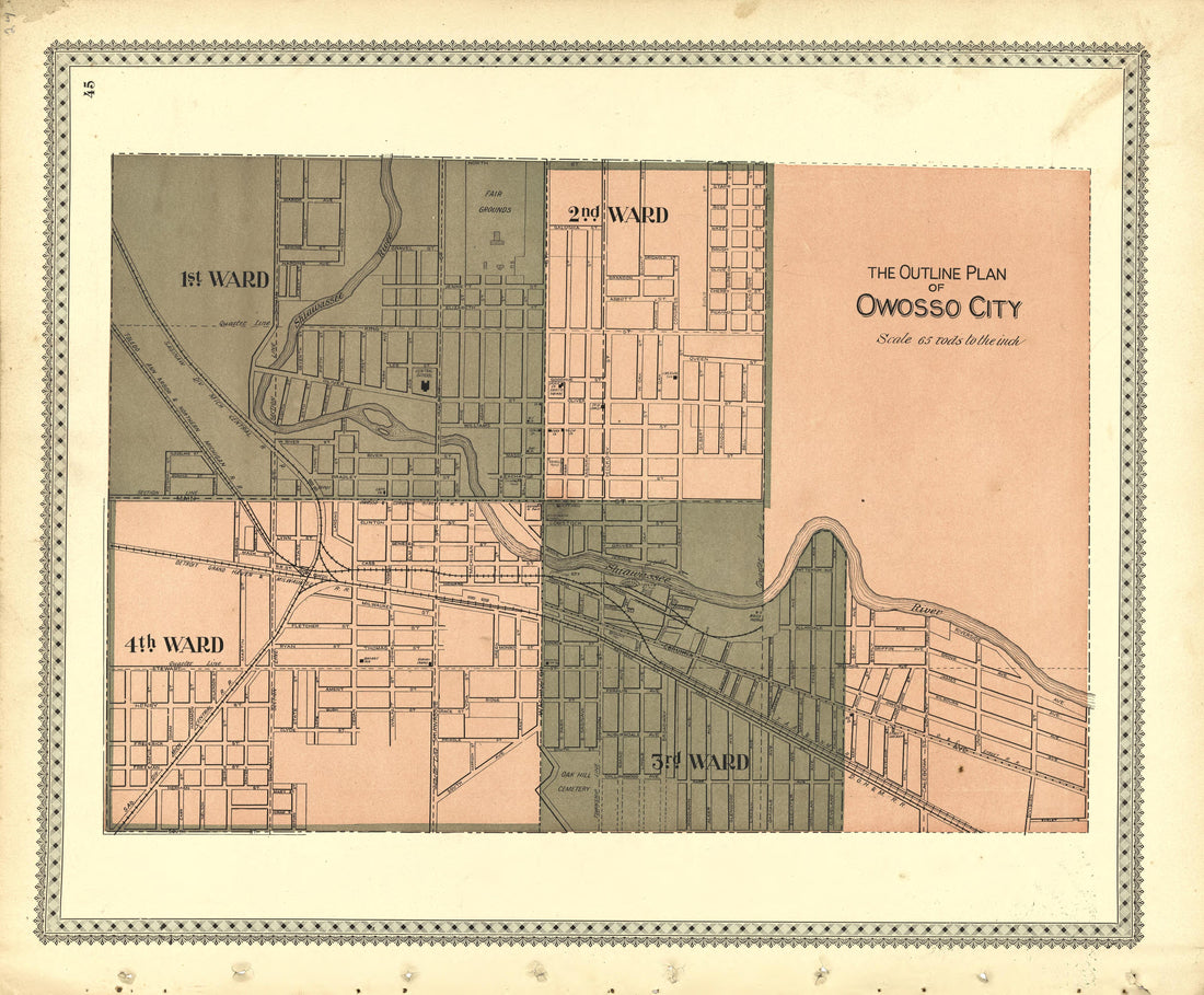 The Outline Plan Owosso City; Village of West Haven from Illustrated Atlas of Shiawassee County, Michigan : Compiled and Published from Recent Surveys, Official Records and Personal Examinations : Including Brief Biographical Sketches of Enterprising ... by Relic Map Company