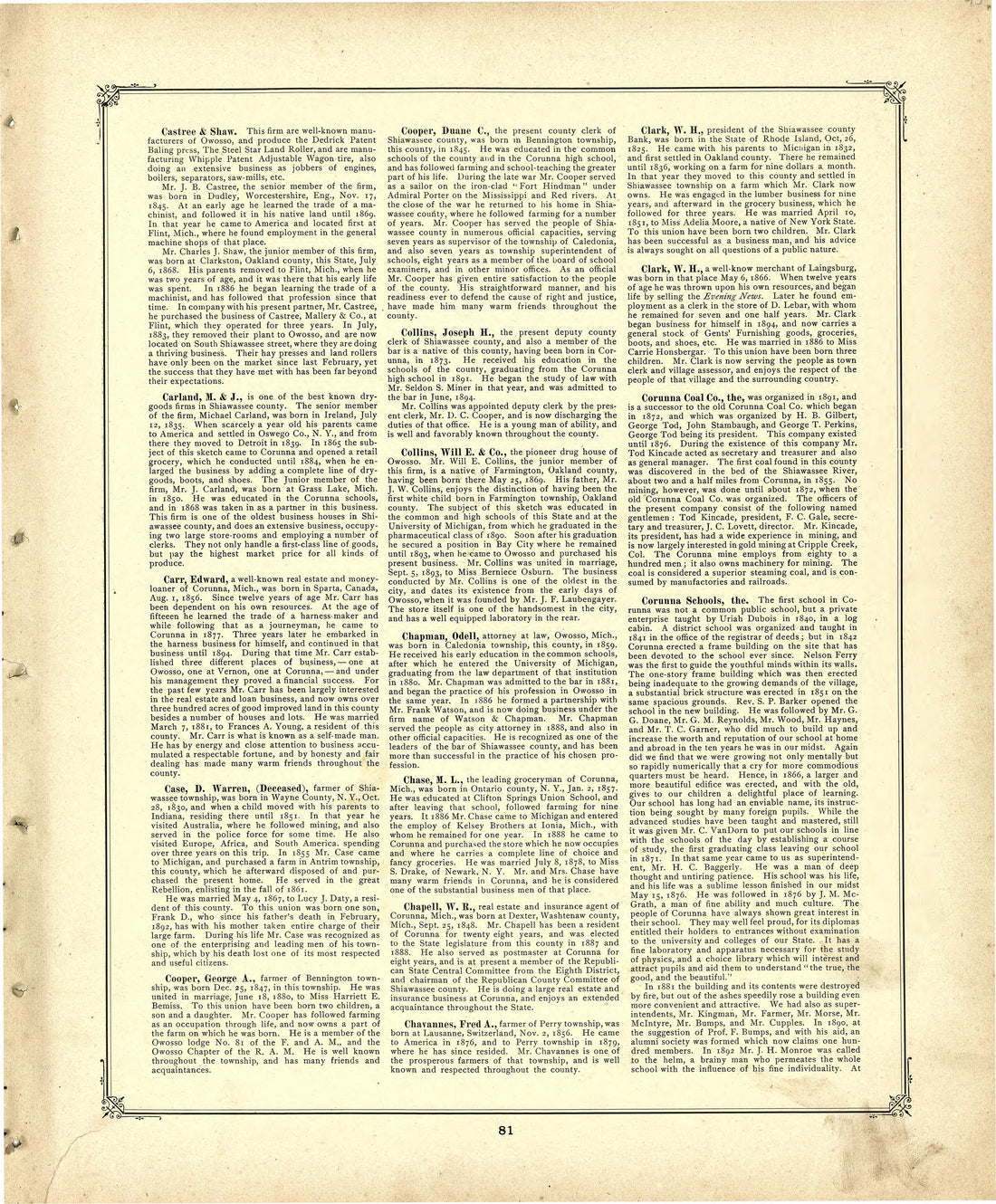Biographies Continued from Illustrated Atlas of Shiawassee County, Michigan : Compiled and Published from Recent Surveys, Official Records and Personal Examinations : Including Brief Biographical Sketches of Enterprising Citizens 1895 by Relic Map Company