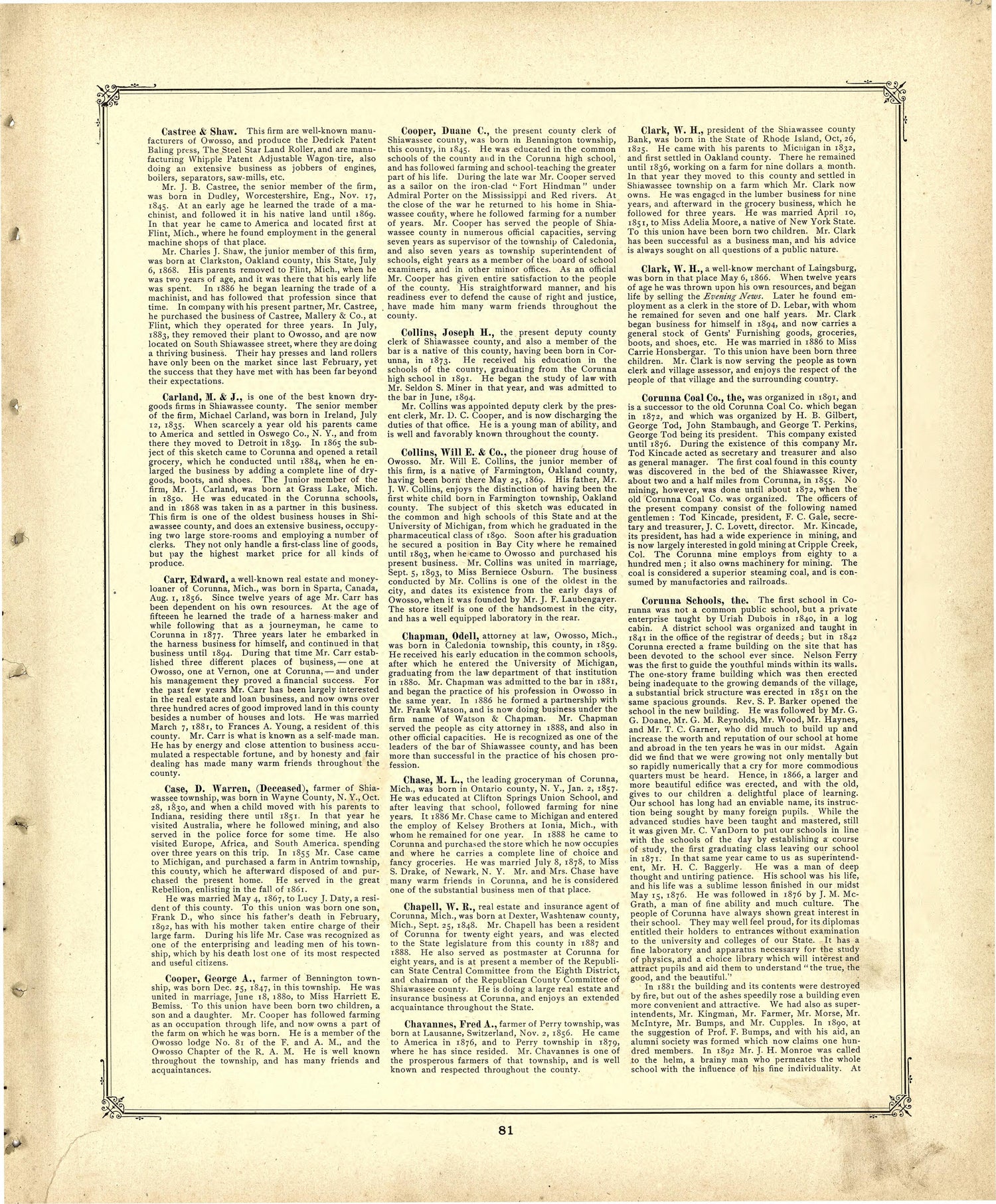 Biographies Continued from Illustrated Atlas of Shiawassee County, Michigan : Compiled and Published from Recent Surveys, Official Records and Personal Examinations : Including Brief Biographical Sketches of Enterprising Citizens 1895 by Relic Map Company