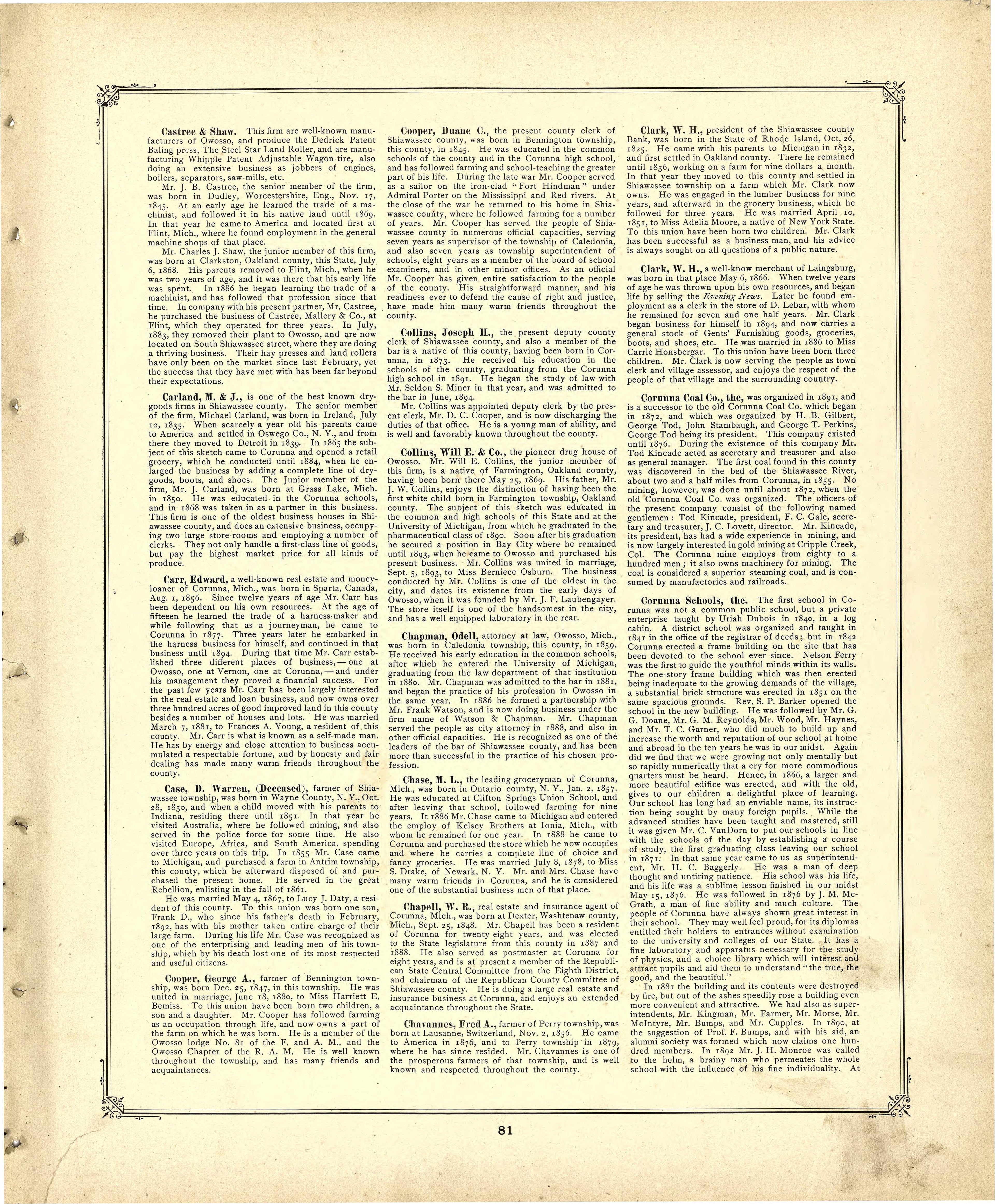 Biographies Continued from Illustrated Atlas of Shiawassee County, Michigan : Compiled and Published from Recent Surveys, Official Records and Personal Examinations : Including Brief Biographical Sketches of Enterprising Citizens 1895 by Relic Map Company