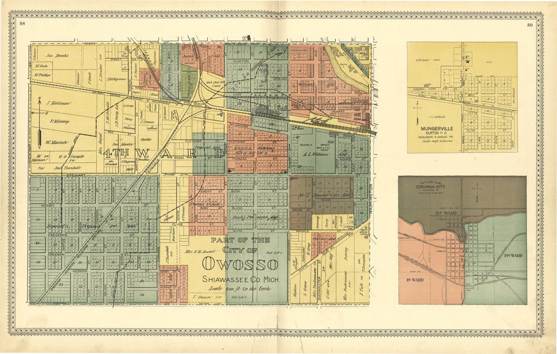 Part of the City of Owosso Shiawassee County Mich from Illustrated Atlas of Shiawassee County, Michigan : Compiled and Published from Recent Surveys, Official Records and Personal Examinations : Including Brief Biographical Sketches of Enterprising Ci... by Relic Map Company