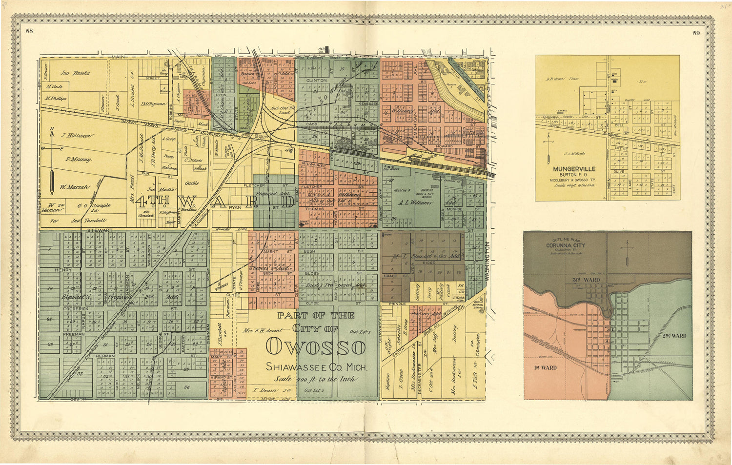 Part of the City of Owosso Shiawassee County Mich from Illustrated Atlas of Shiawassee County, Michigan : Compiled and Published from Recent Surveys, Official Records and Personal Examinations : Including Brief Biographical Sketches of Enterprising Ci... by Relic Map Company