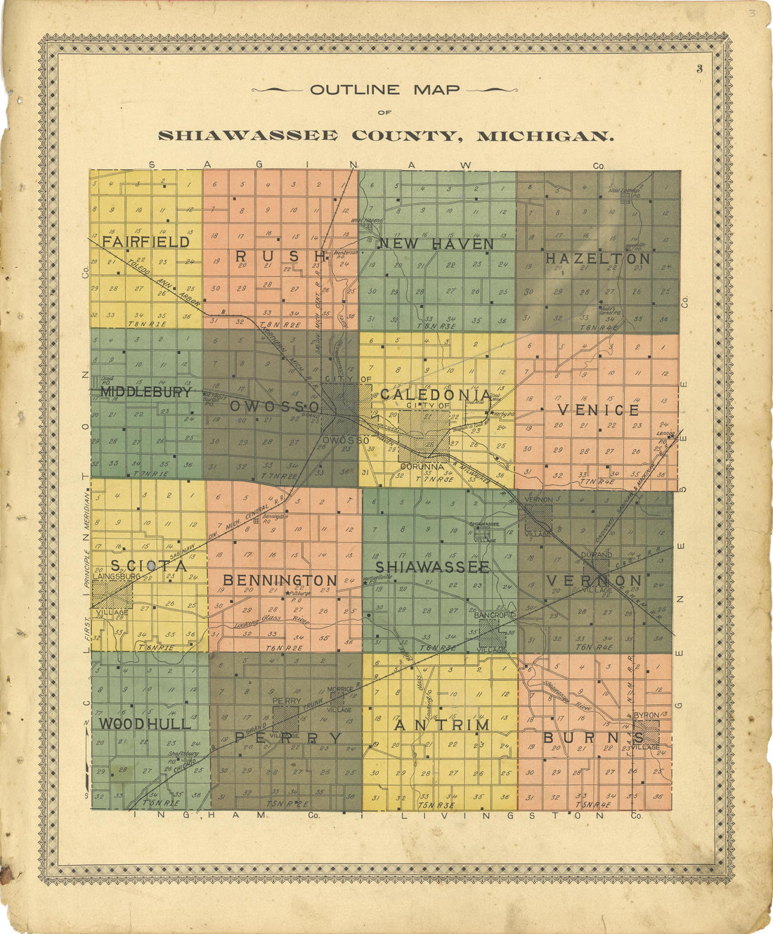 Outline Map of Shiawassee County from Illustrated Atlas of Shiawassee County, Michigan : Compiled and Published from Recent Surveys, Official Records and Personal Examinations : Including Brief Biographical Sketches of Enterprising Citizens 1895 by Relic Map Company