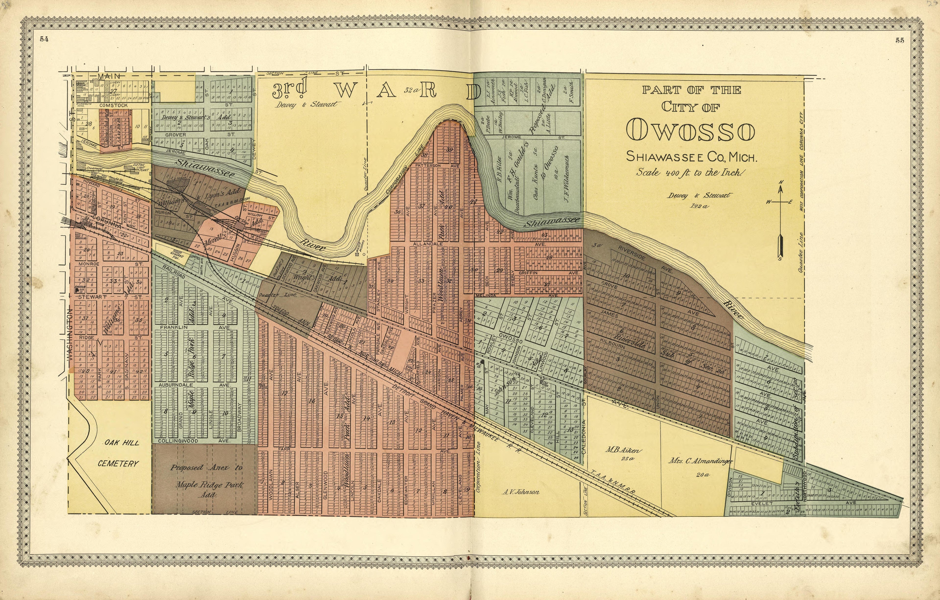 Part of the City of Owosso Shiawassee County Mich from Illustrated Atlas of Shiawassee County, Michigan : Compiled and Published from Recent Surveys, Official Records and Personal Examinations : Including Brief Biographical Sketches of Enterprising Ci... by Relic Map Company