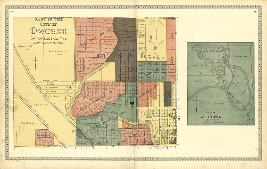 Part of the City of Owosso; Mungerville; Outline Plan of Corunna City from Illustrated Atlas of Shiawassee County, Michigan : Compiled and Published from Recent Surveys, Official Records and Personal Examinations : Including Brief Biographical Sketche... by Relic Map Company