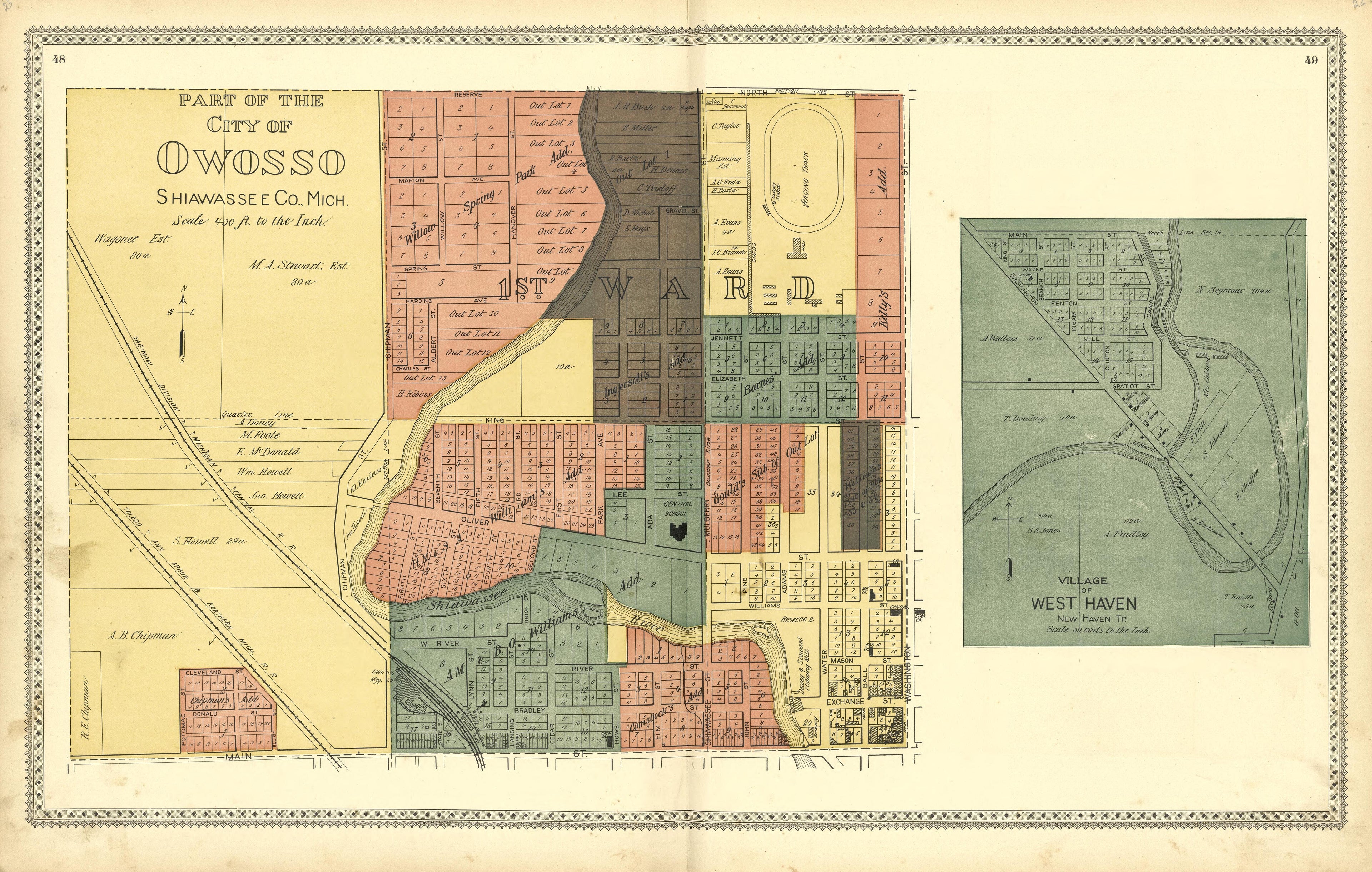 Part of the City of Owosso; Mungerville; Outline Plan of Corunna City from Illustrated Atlas of Shiawassee County, Michigan : Compiled and Published from Recent Surveys, Official Records and Personal Examinations : Including Brief Biographical Sketche... by Relic Map Company