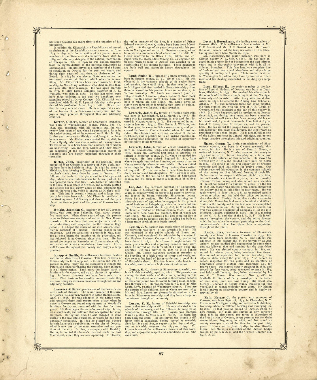 Biographies Continued from Illustrated Atlas of Shiawassee County, Michigan : Compiled and Published from Recent Surveys, Official Records and Personal Examinations : Including Brief Biographical Sketches of Enterprising Citizens 1895 by Relic Map Company