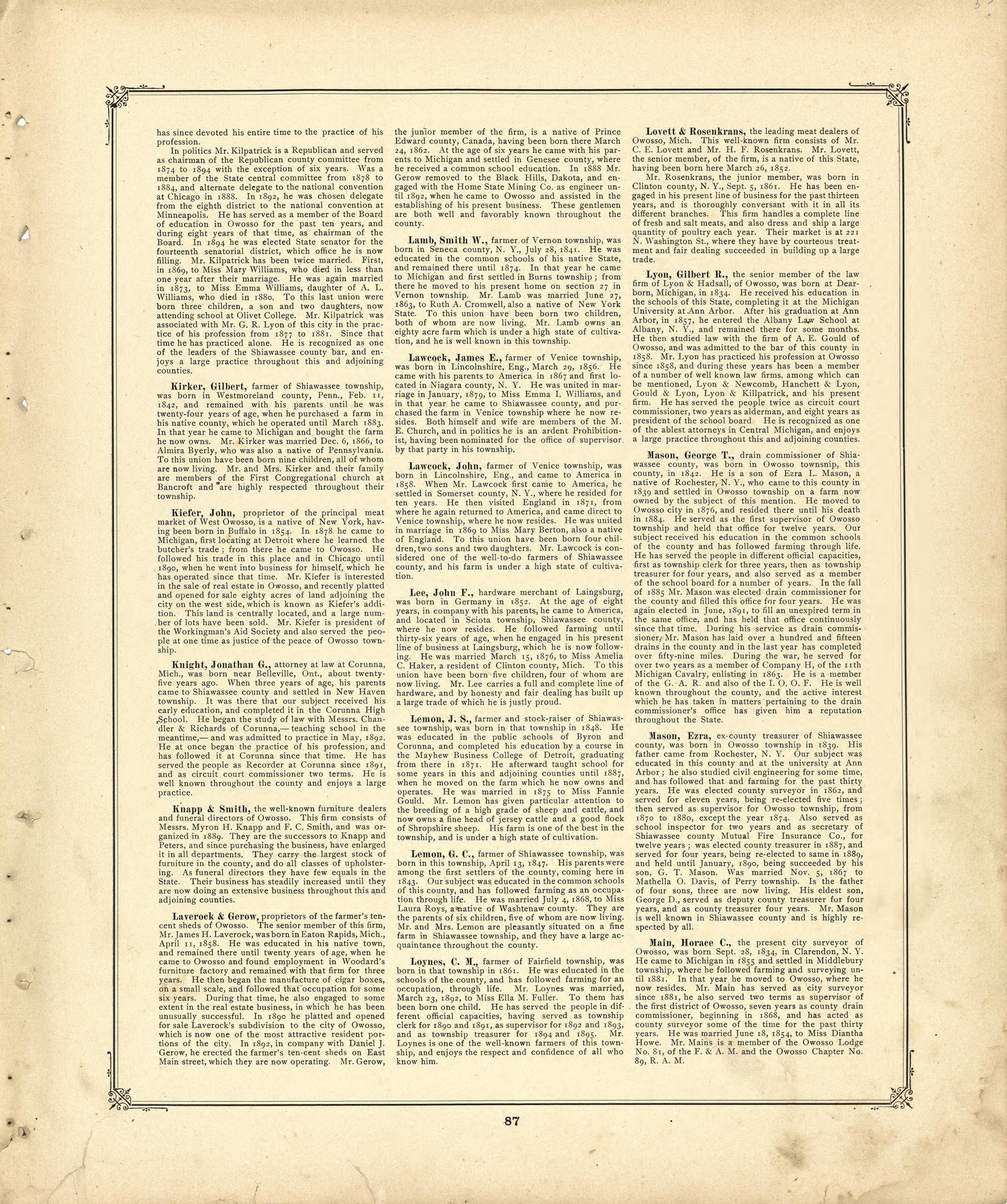 Biographies Continued from Illustrated Atlas of Shiawassee County, Michigan : Compiled and Published from Recent Surveys, Official Records and Personal Examinations : Including Brief Biographical Sketches of Enterprising Citizens 1895 by Relic Map Company