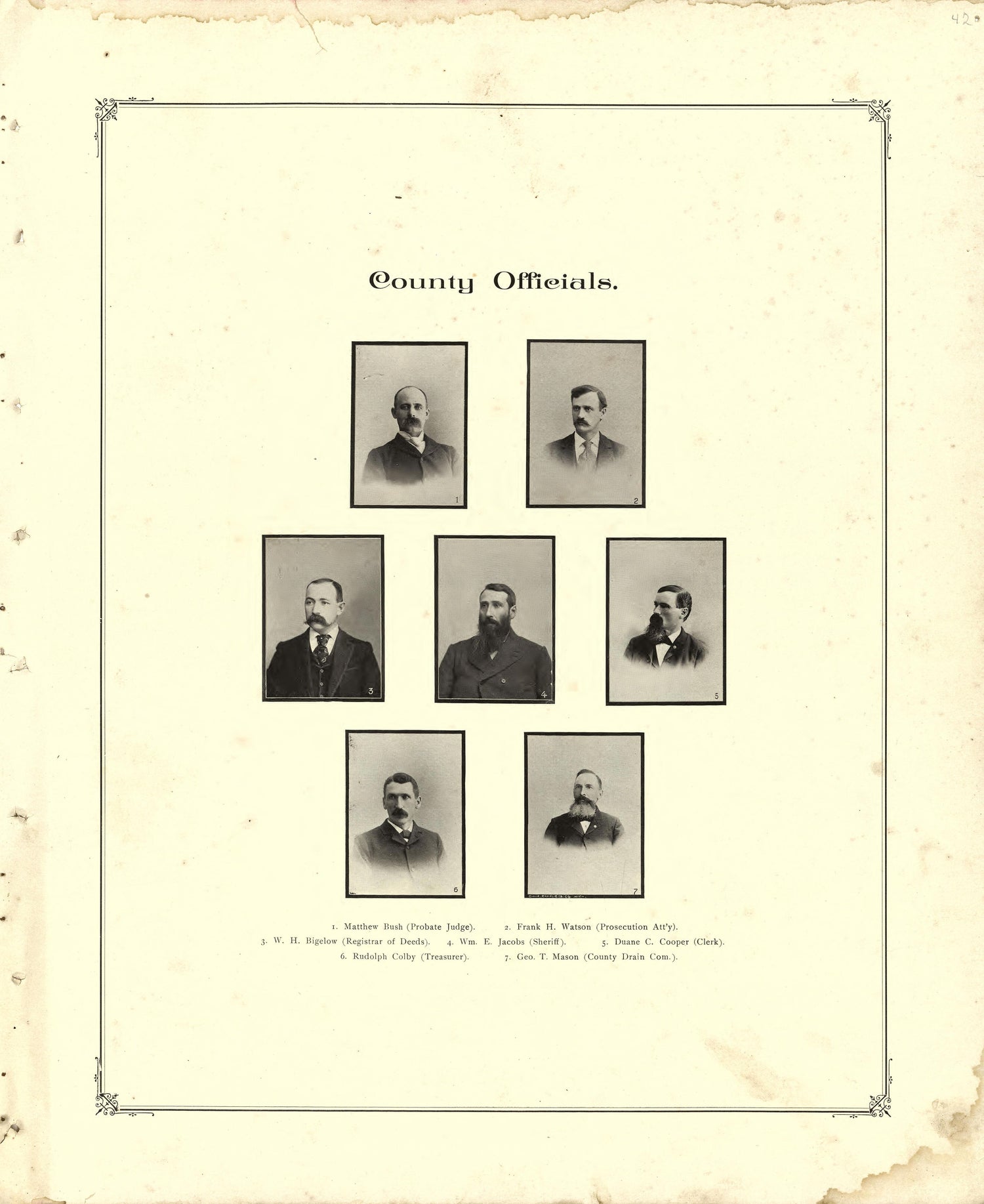 County Officials from Illustrated Atlas of Shiawassee County, Michigan : Compiled and Published from Recent Surveys, Official Records and Personal Examinations : Including Brief Biographical Sketches of Enterprising Citizens 1895 by Relic Map Company